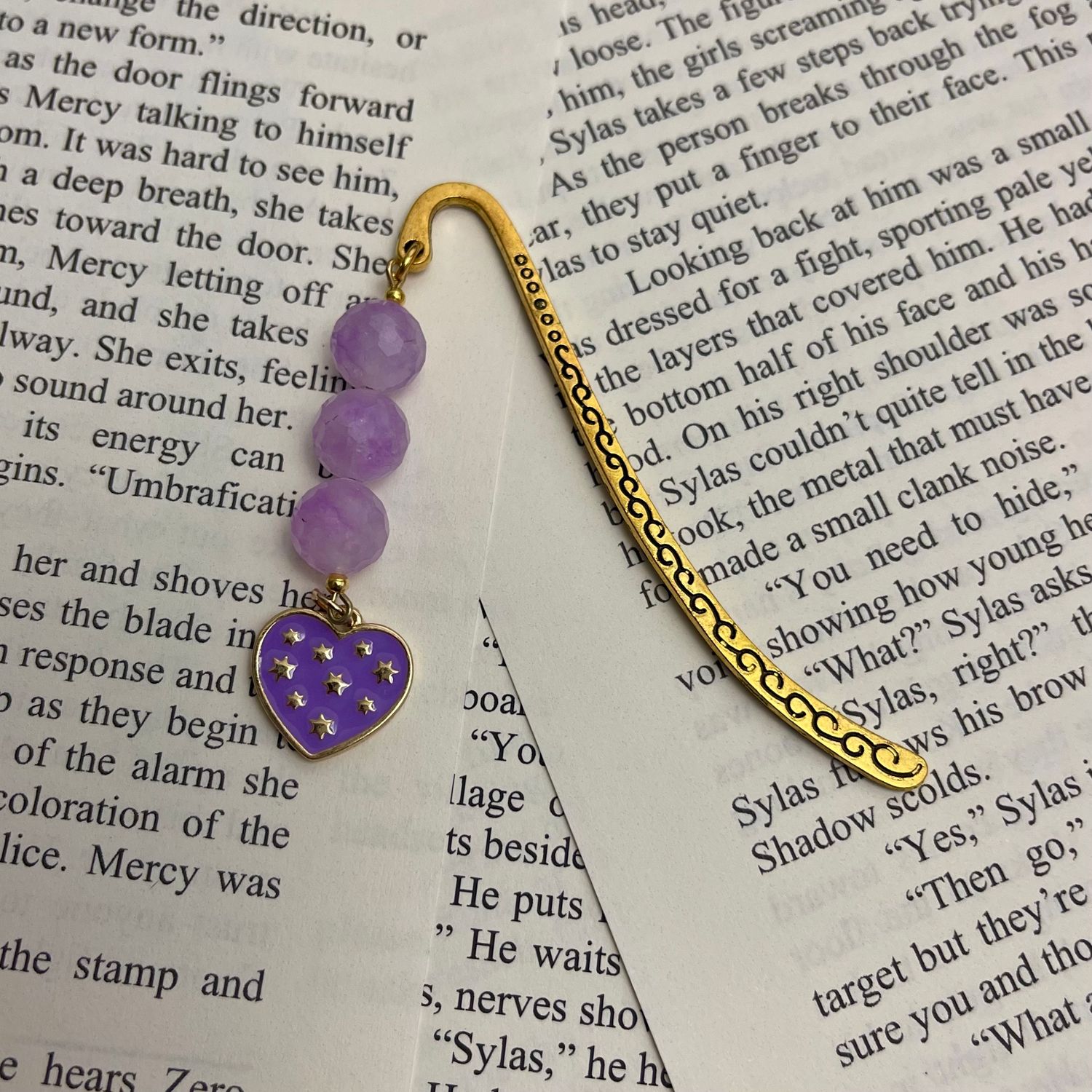 Gold &amp; Purple Heart with Purple Beads Small Book Hook
