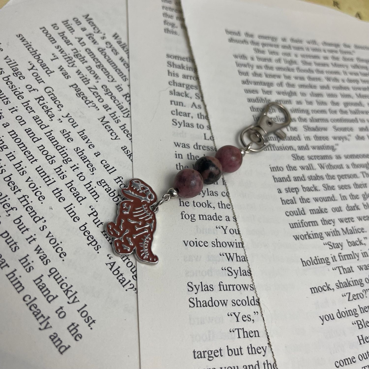 Dino T-Rex Skeleton with Rhodonite Beads Charm