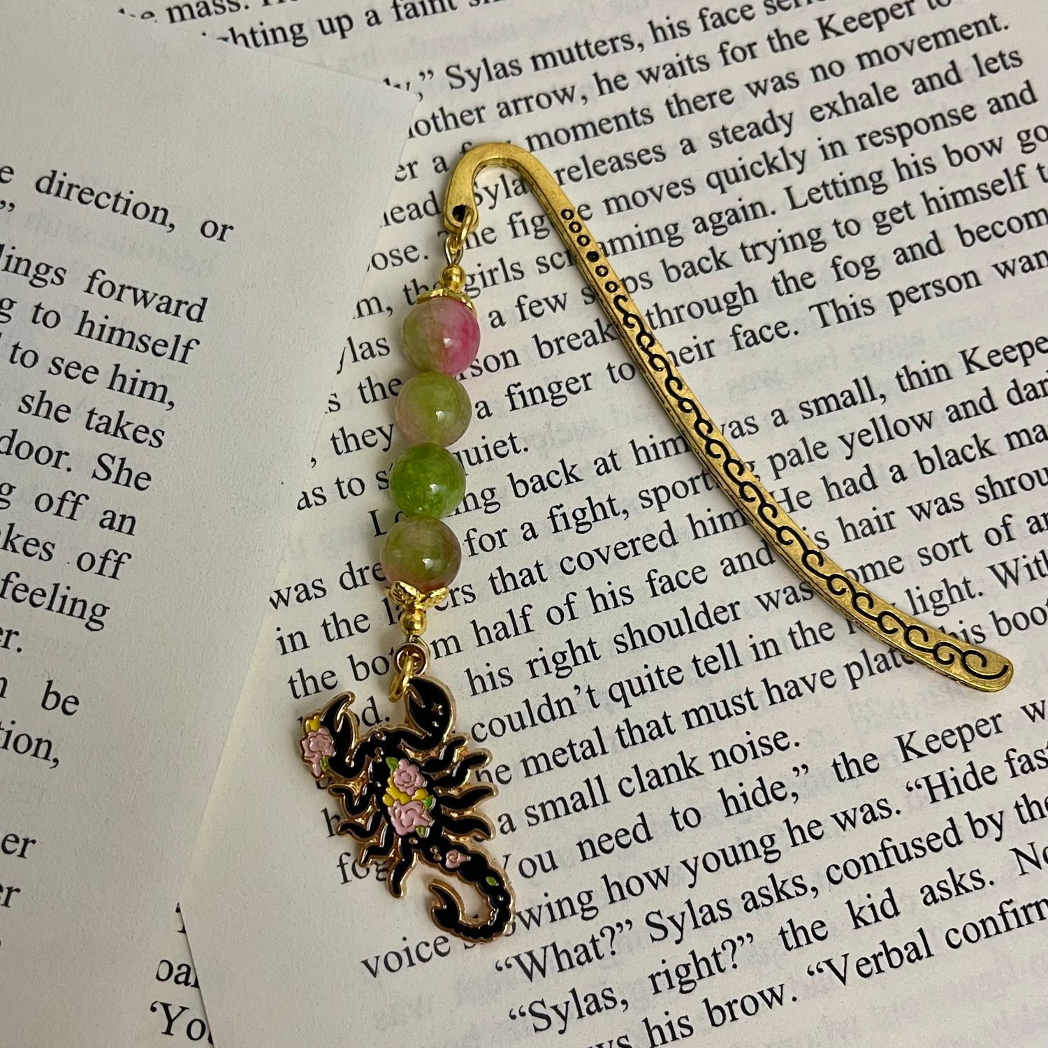 Gold Floral Scorpion with Pink/Green Beads Small Book Hook