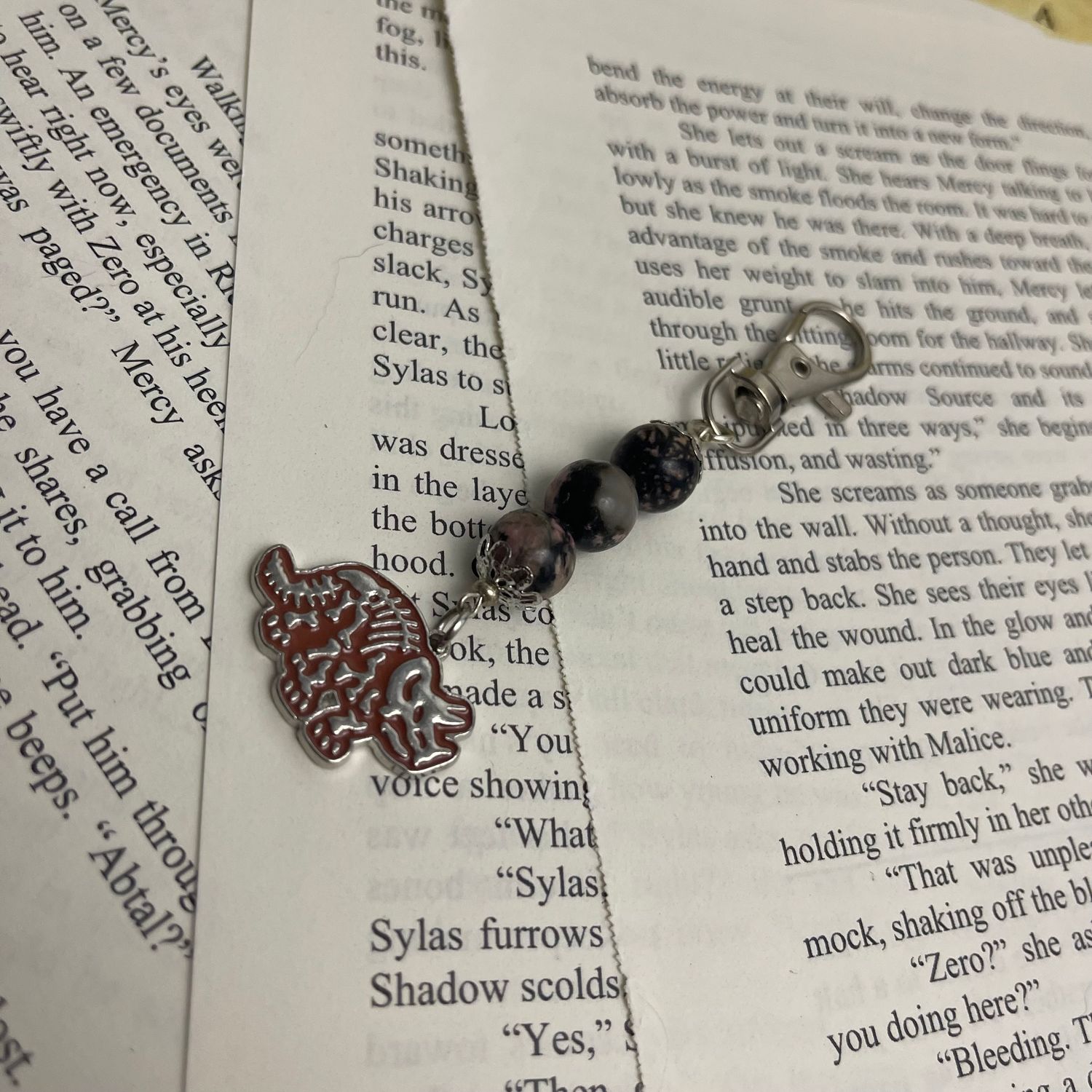 Dino Triceratops Skeleton with Rhodonite Beads Charm