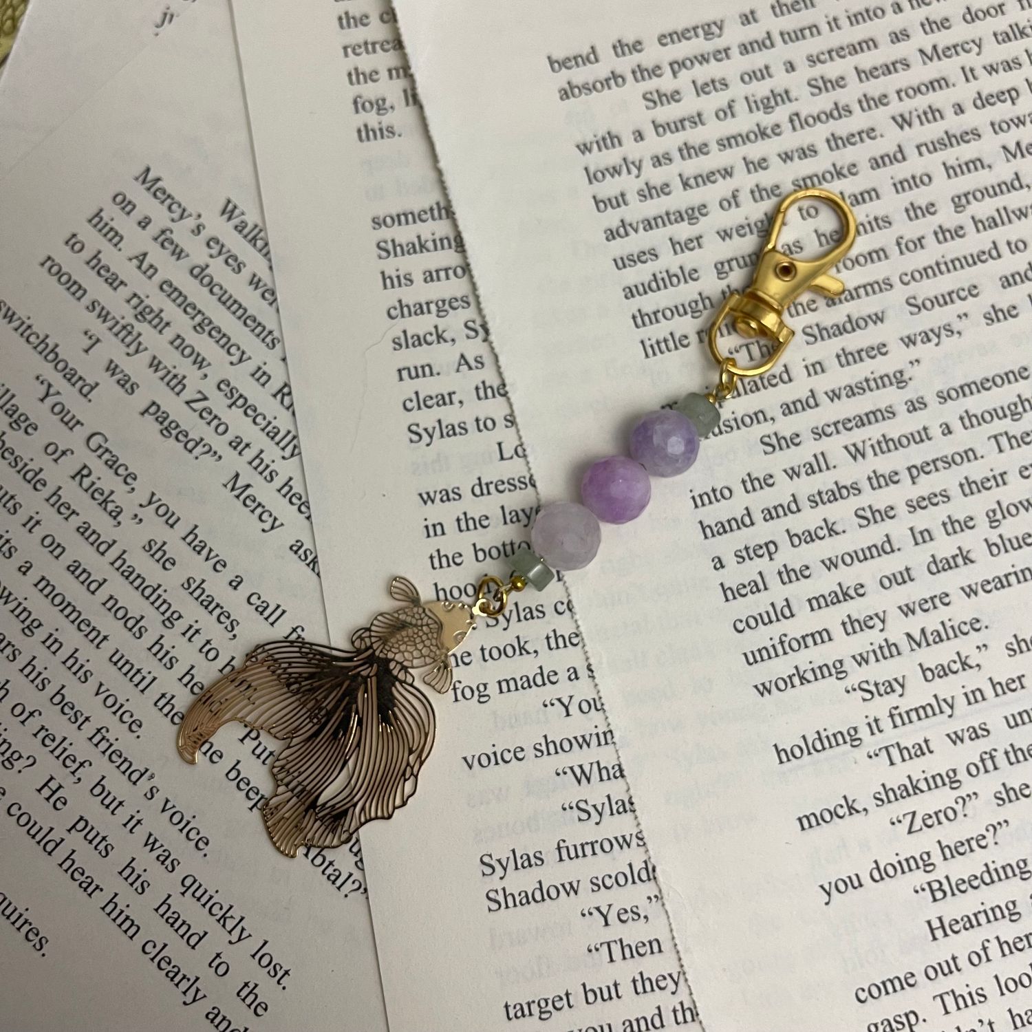 Gold Fish with Aventurine &amp; Purple Beads Charm