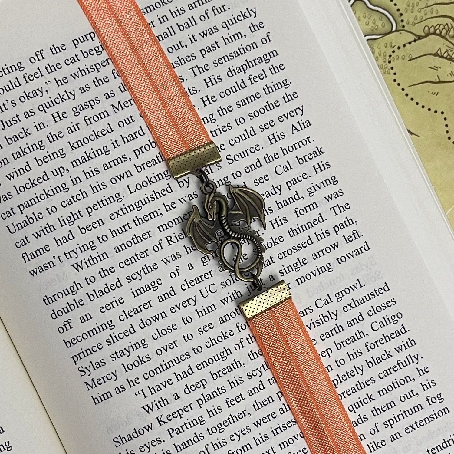 Salmon &amp; Aged Bronze Dragon Elastic Bookmark