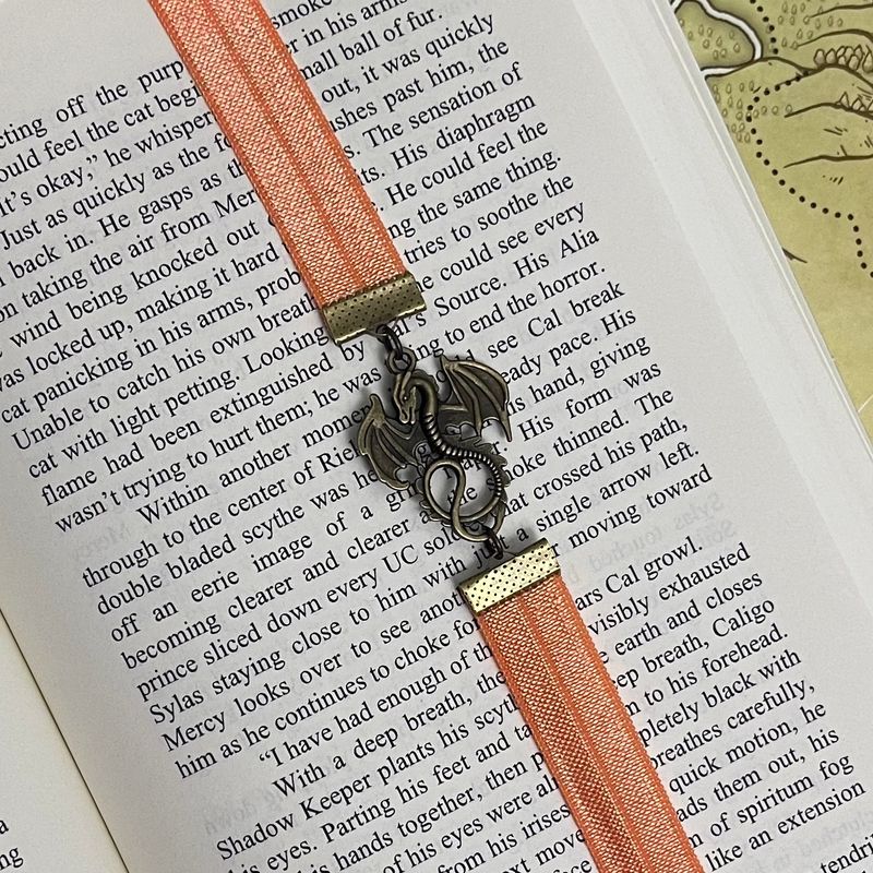 Salmon &amp; Aged Bronze Dragon Elastic Bookmark