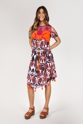 Shoklett Spain: Orange Hibiscus Cold Shoulder Samantha Midi Dress