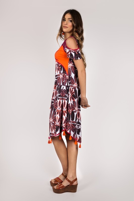 Shoklett Spain: Orange Hibiscus Cold Shoulder Samantha Midi Dress