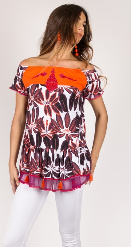 Shoklett Spain: Orange Hibiscus Off Shoulder Samantha Tunic