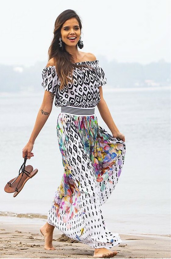 Paul Brial: Colors Of The Water Lily Off Shoulder Maxi Dress PB_MIRAGE_N1