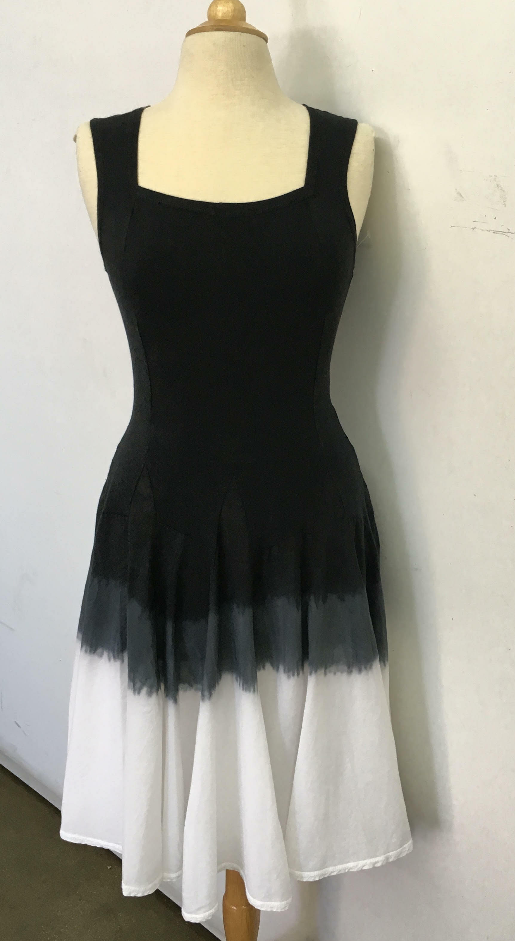 Luna Luz: Godet Dyed Black/White Ombre Square Neck Dress SOLD OUT