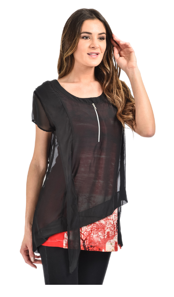 L33 Paris: Double Cut Asymmetrical Coral Tunic (WOW: Unzips To Reveal More Side Coral, 1 Left!)