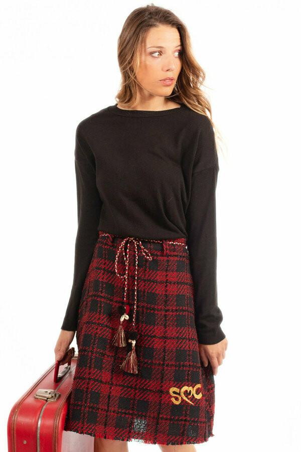 Savage Culture: Venetian Red Checkered Fringed Midi Skirt