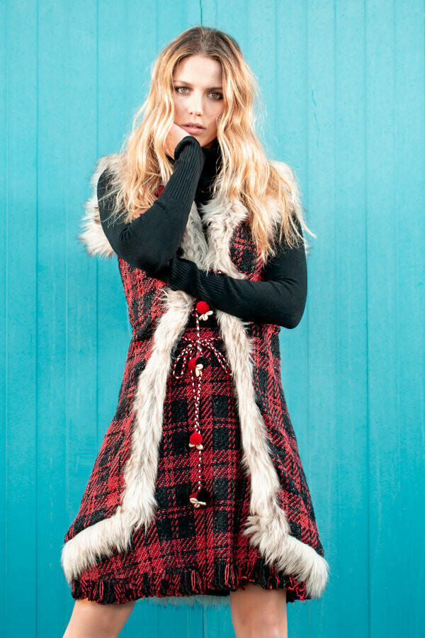 Savage Culture: Venetian Red Checkered Faux Fur Long Vest