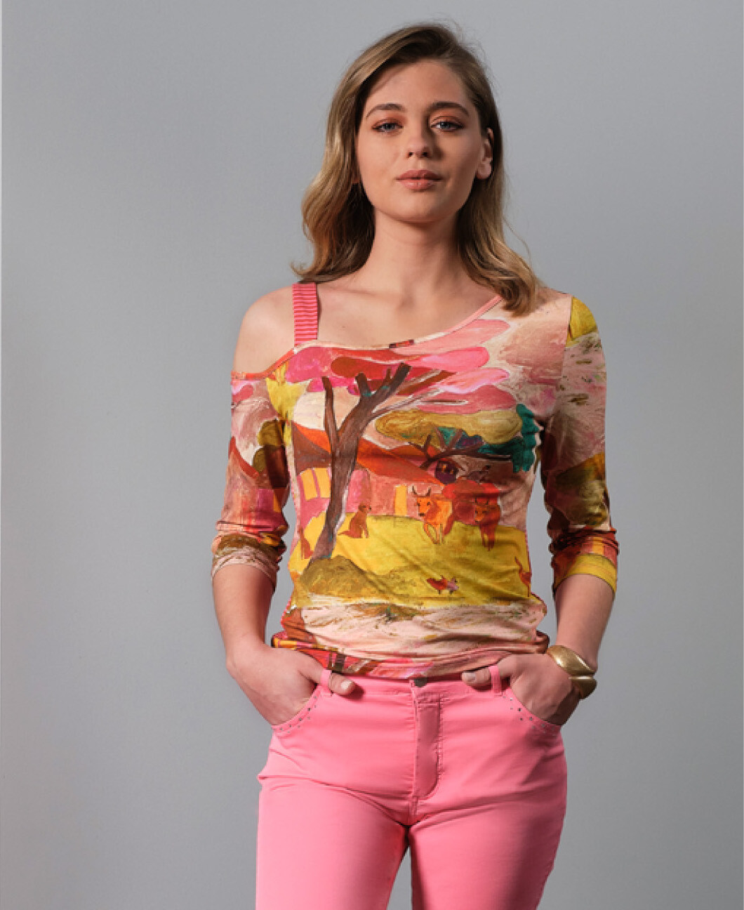 Paul Brial: Pink Forest Canvas Asymmetrical Cold Shoulder Top
