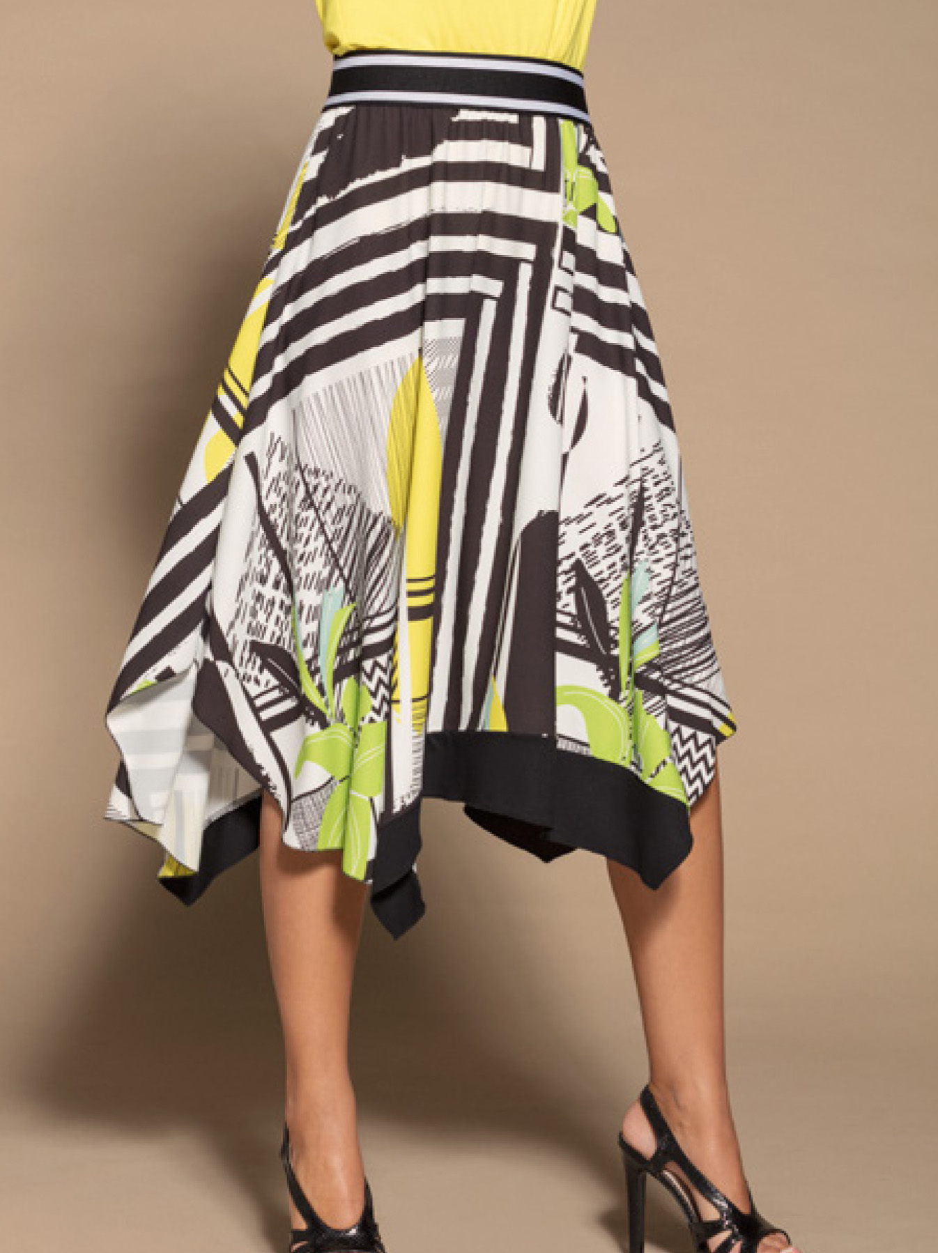 Maloka: Lemon Lime Marble High Waisted Asymmetrical Midi Skirt MK_NADEEN_N