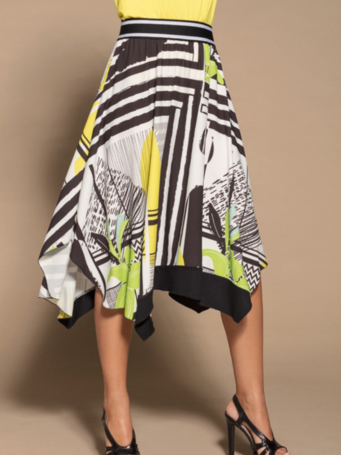 Maloka: Lemon Lime Marble High Waisted Asymmetrical Midi Skirt
