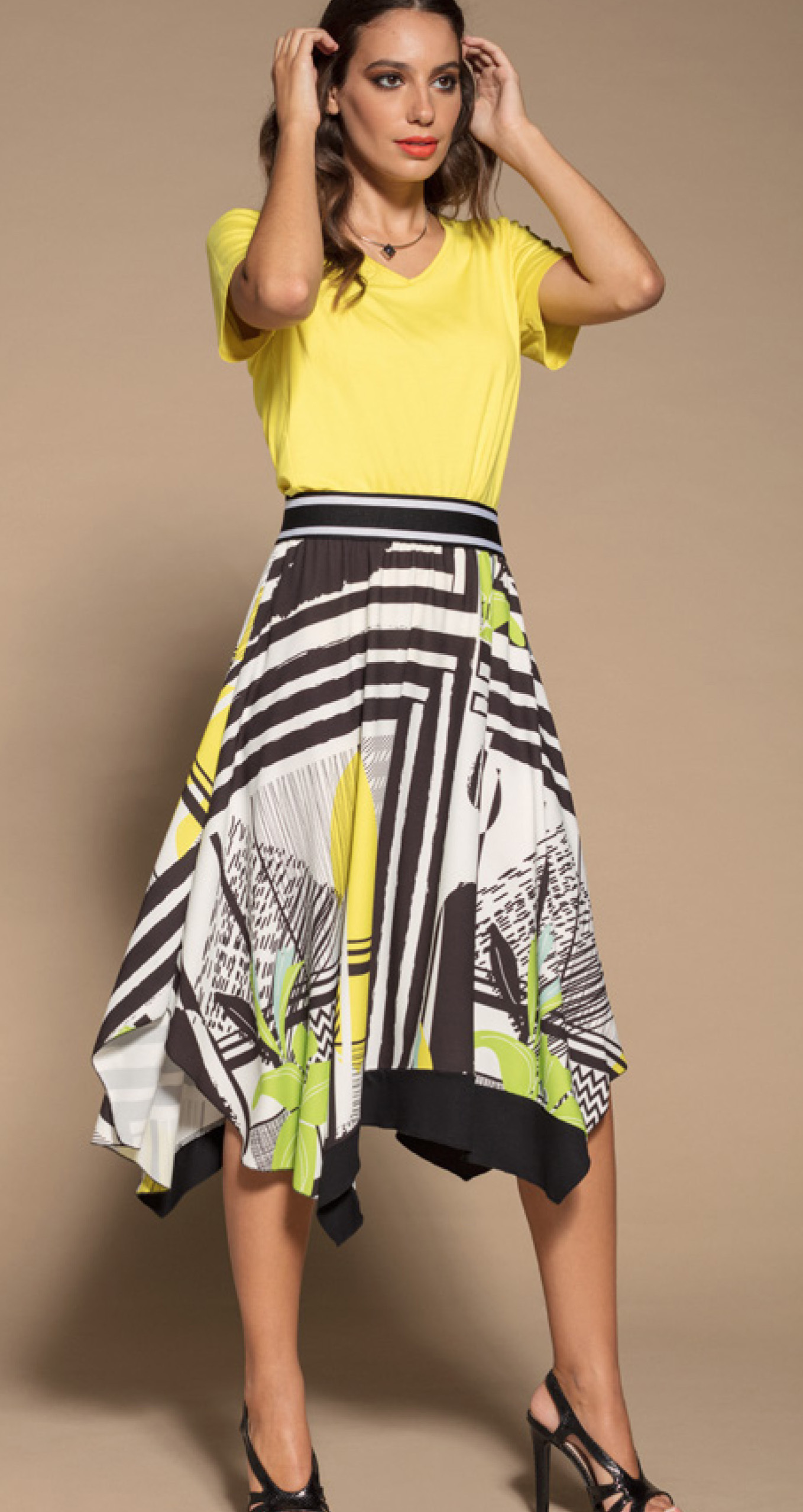 Maloka: Lemon Lime Marble High Waisted Asymmetrical Midi Skirt