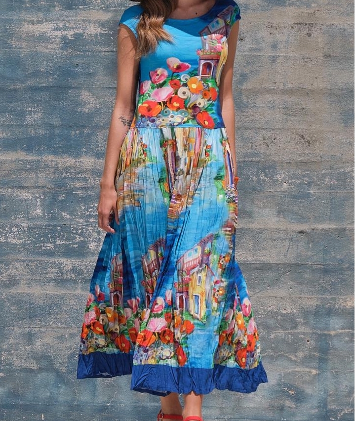 Paul Brial: Colors Of Capri Abstract Art Crinkled Maxi Sundress