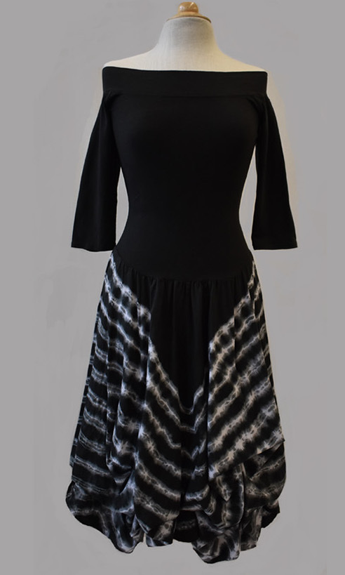 Luna Luz: Tied & Dyed Off Shoulder Diagonal Striped Hem Dress (Ships Immed in Black!)