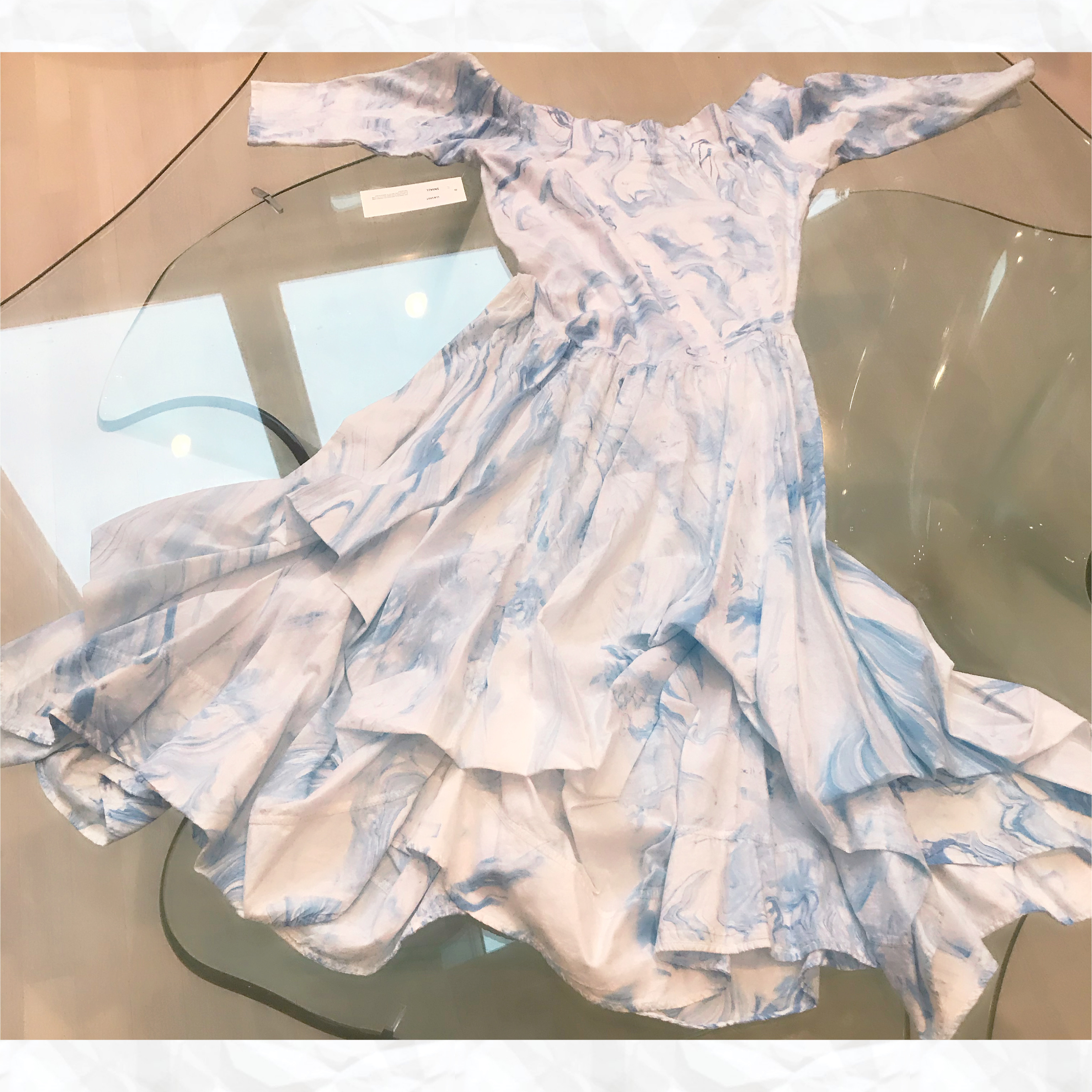 Luna Luz: Tied & Dyed Off The Shoulder Godet Dress (Ships Immed, 1 Left in Medium!) LL_393T_BLUE_MARBLE