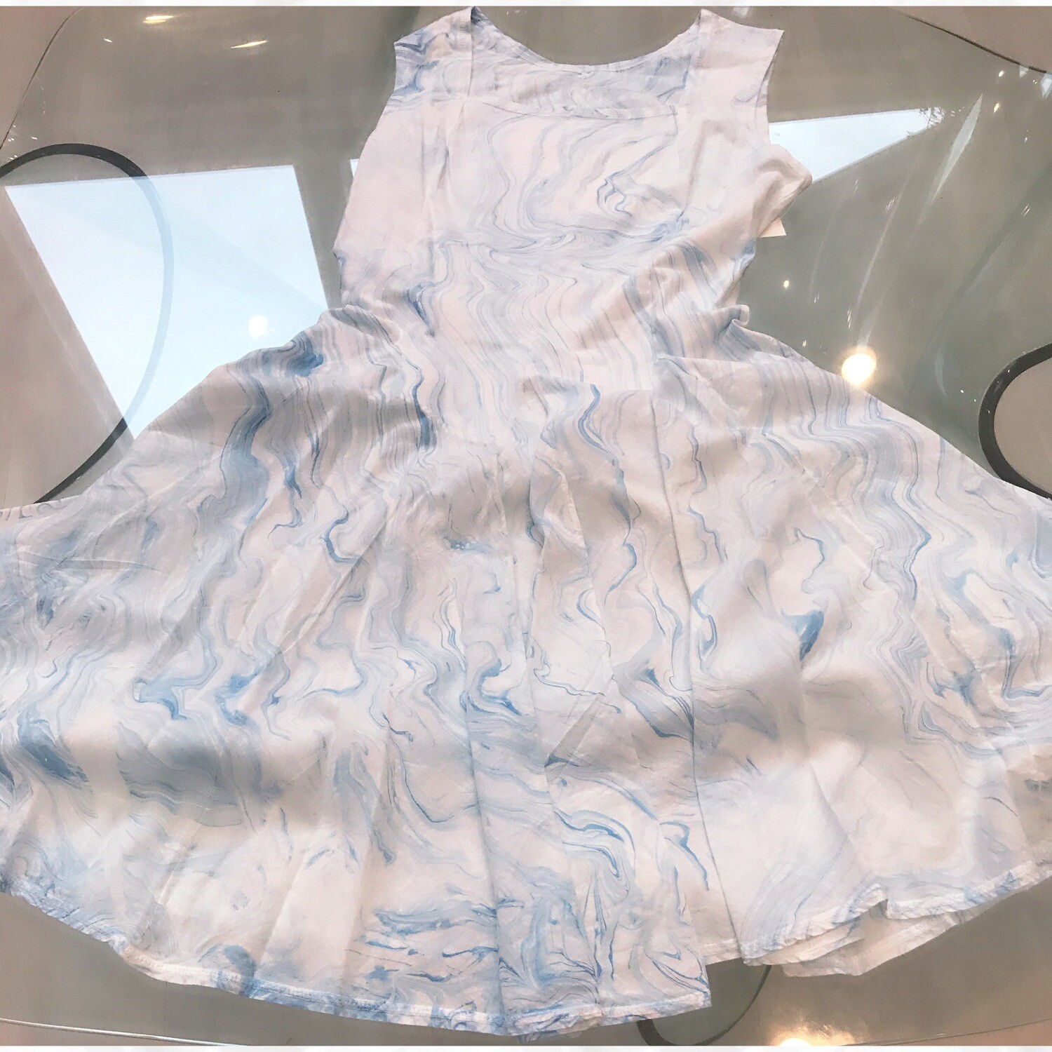 Luna Luz: Square Neck Godet Dyed Tank Dress (Ships Immed in Blue Marble SOLD OUT