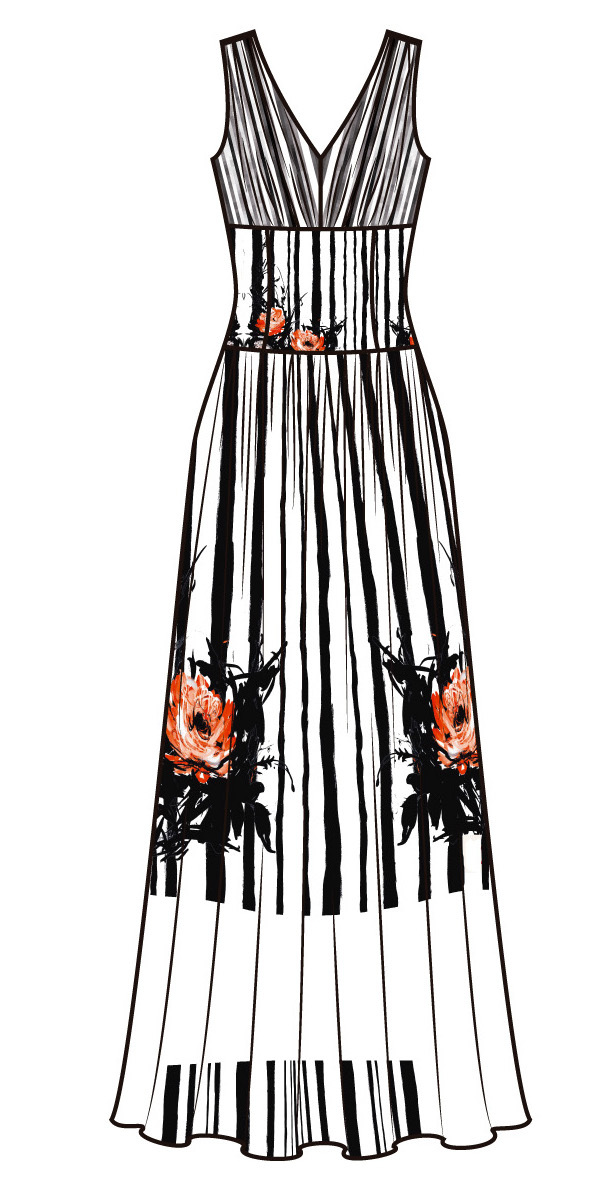 Paul Brial: Wild Orange Rose Hem Plunge Neck Flare Tuxedo Gown (Few Left!)