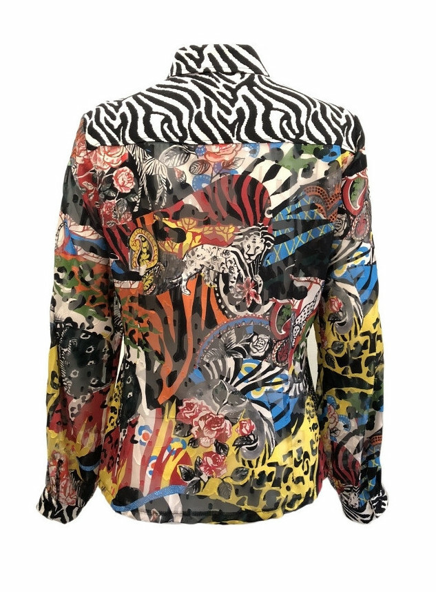 Maloka: Tiger Pieced Abstract Art Buttoned Down Blouse