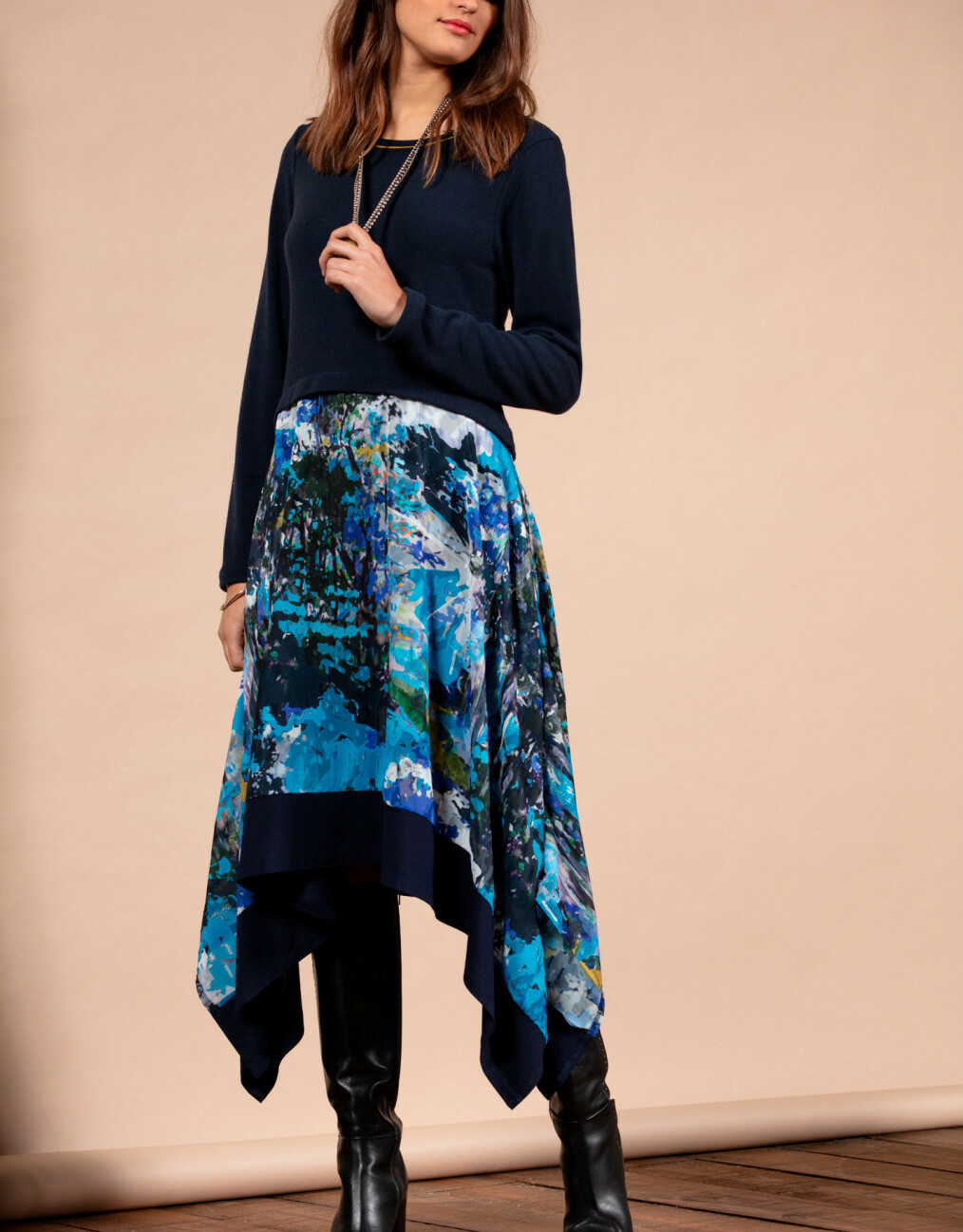 Maloka: Blue Beauty Abstract Art Asymmetrical Sweater Dress (More Colors!) MK_BABILONE