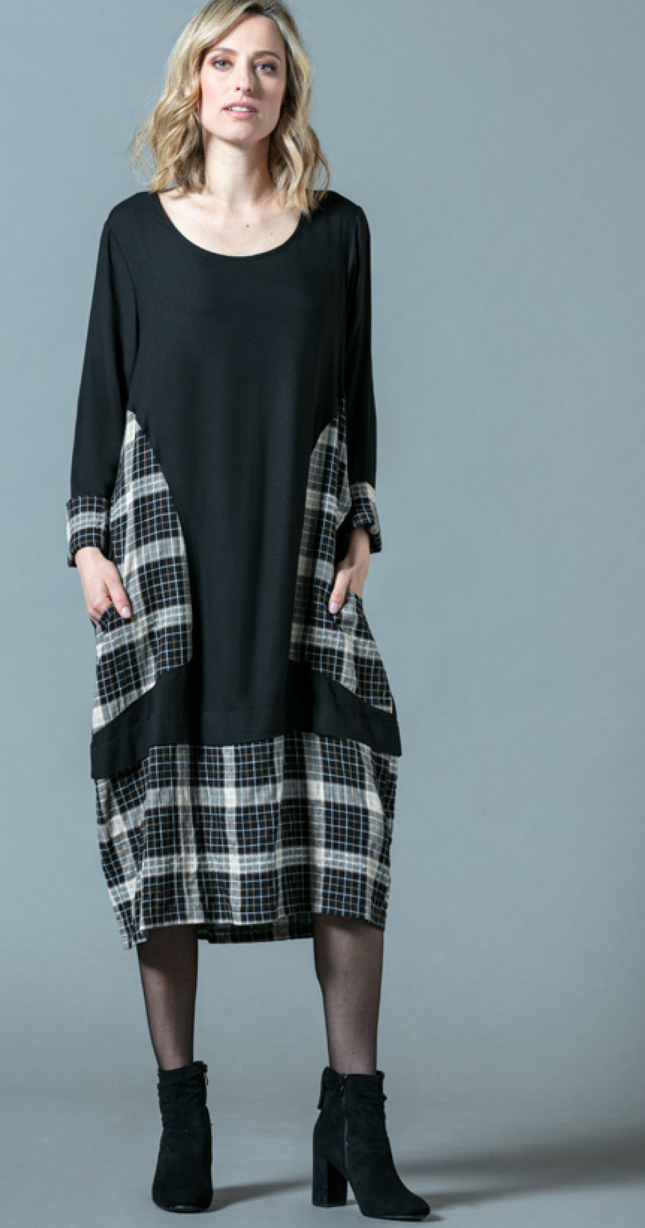 G!oze France: Checkerboard Patchwork Pocket Midi Dress G_EMBLEM