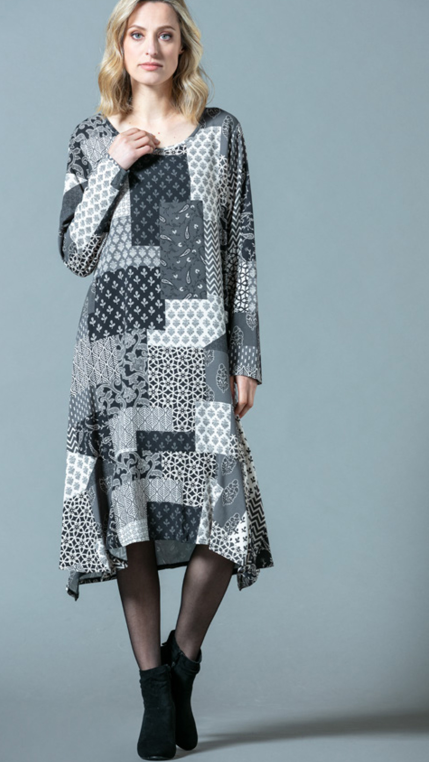 G!oze: Shades Of Gray Patchwork Midi Dress G_ELECTRO