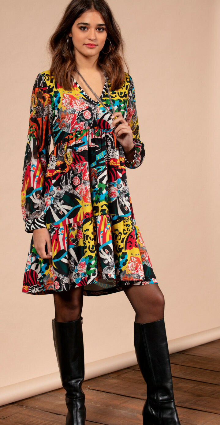 Maloka: Jungle Party High Waisted Abstract Art Contrast Dress SOLD OUT