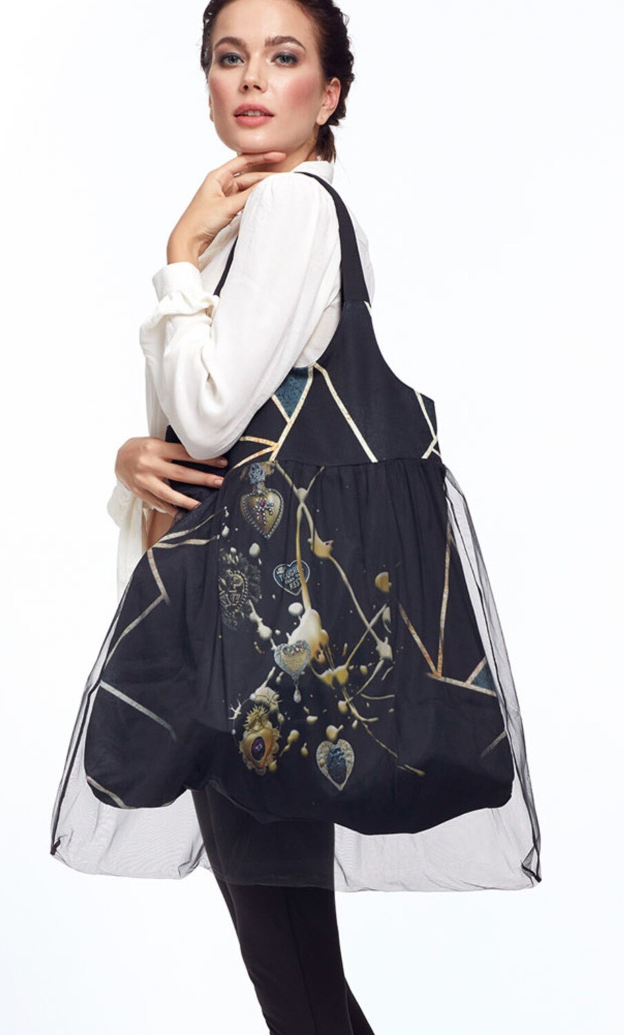 IPNG: Love Me Black Bejeweled Illusion XL Tote Bag With Tulle Compartment (Ships Immed, 1 Left!)