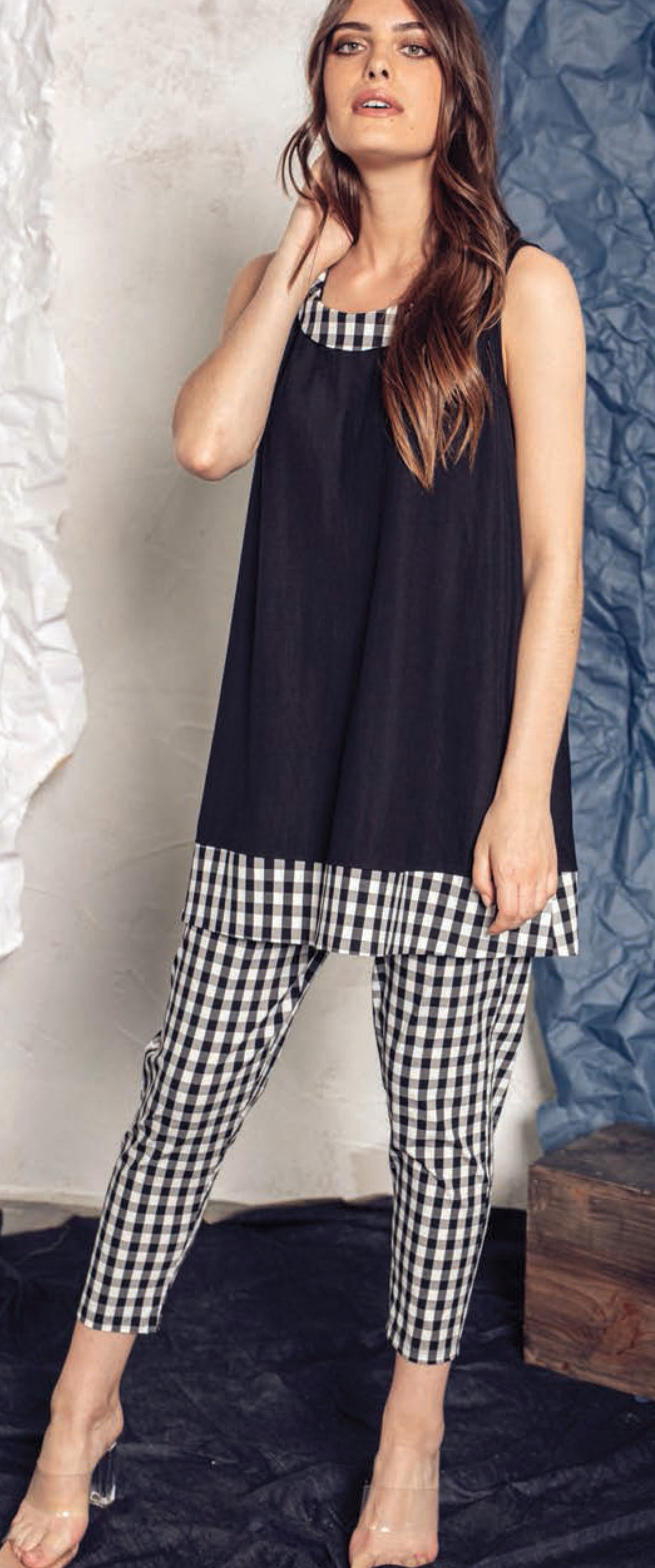 G!oze: Checkered Contrast Flared Tunic