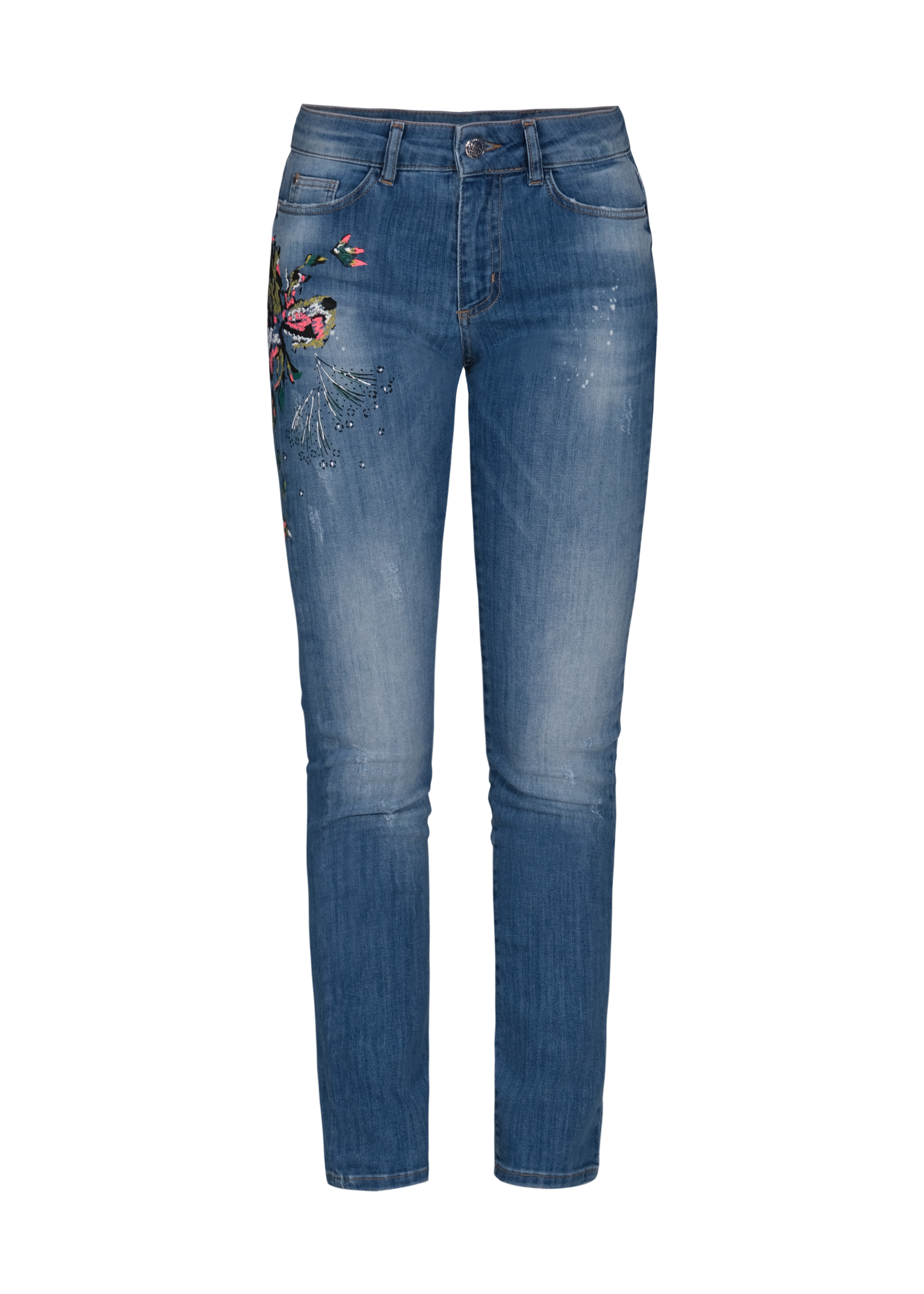 Dolcezza: Comfort Created Pink Butterfly Painted High Waisted Jeans Dolcezza_21305