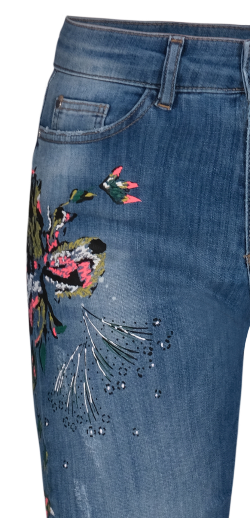 Dolcezza: Comfort Created Pink Butterfly Painted High Waisted Jeans