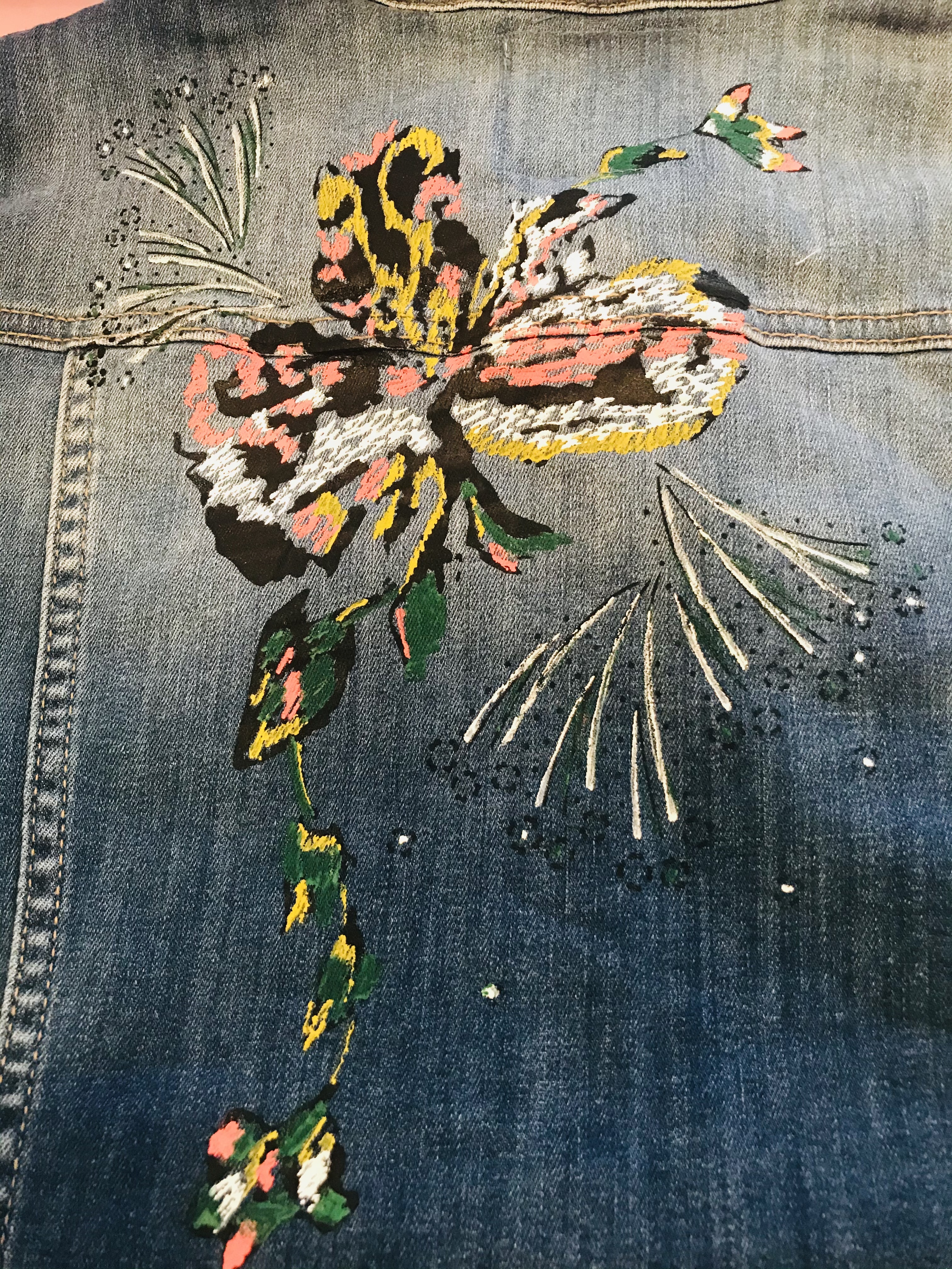 Dolcezza: Hand Painted Pink Butterfly Distressed Jean Jacket