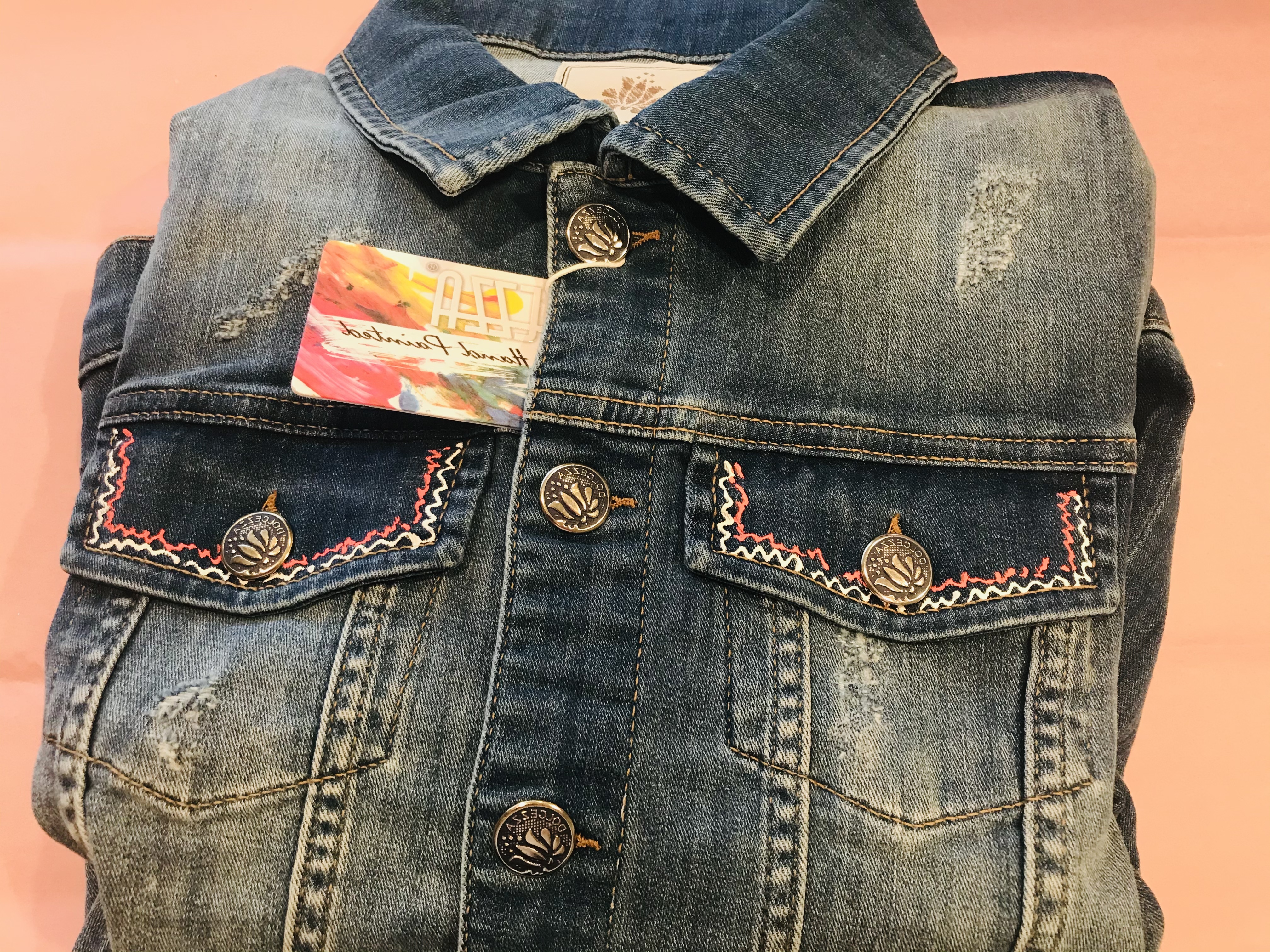 Dolcezza: Hand Painted Pink Butterfly Distressed Jean Jacket