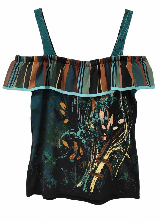 Paul Brial: Underwater Flight Abstract Art Ruffled Decolletage Top PB_TOURTERELLE