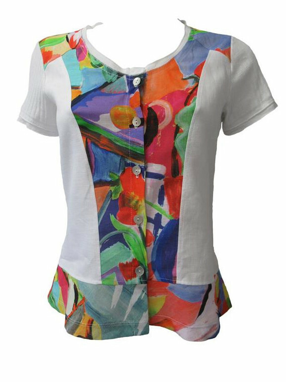 Maloka: Apples & Cherries Abstract Art Button Flared Linen T-Shirt MK_CELIE