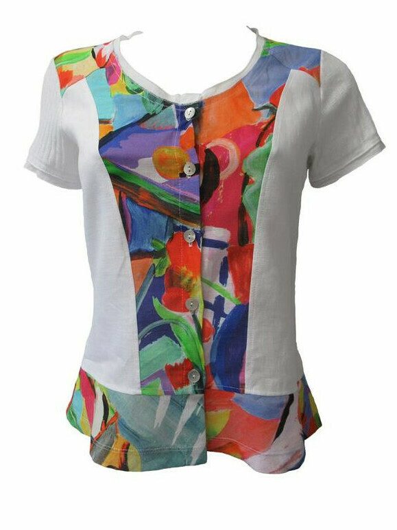 Maloka: Apples & Cherries Abstract Art Button Flared Linen T-Shirt