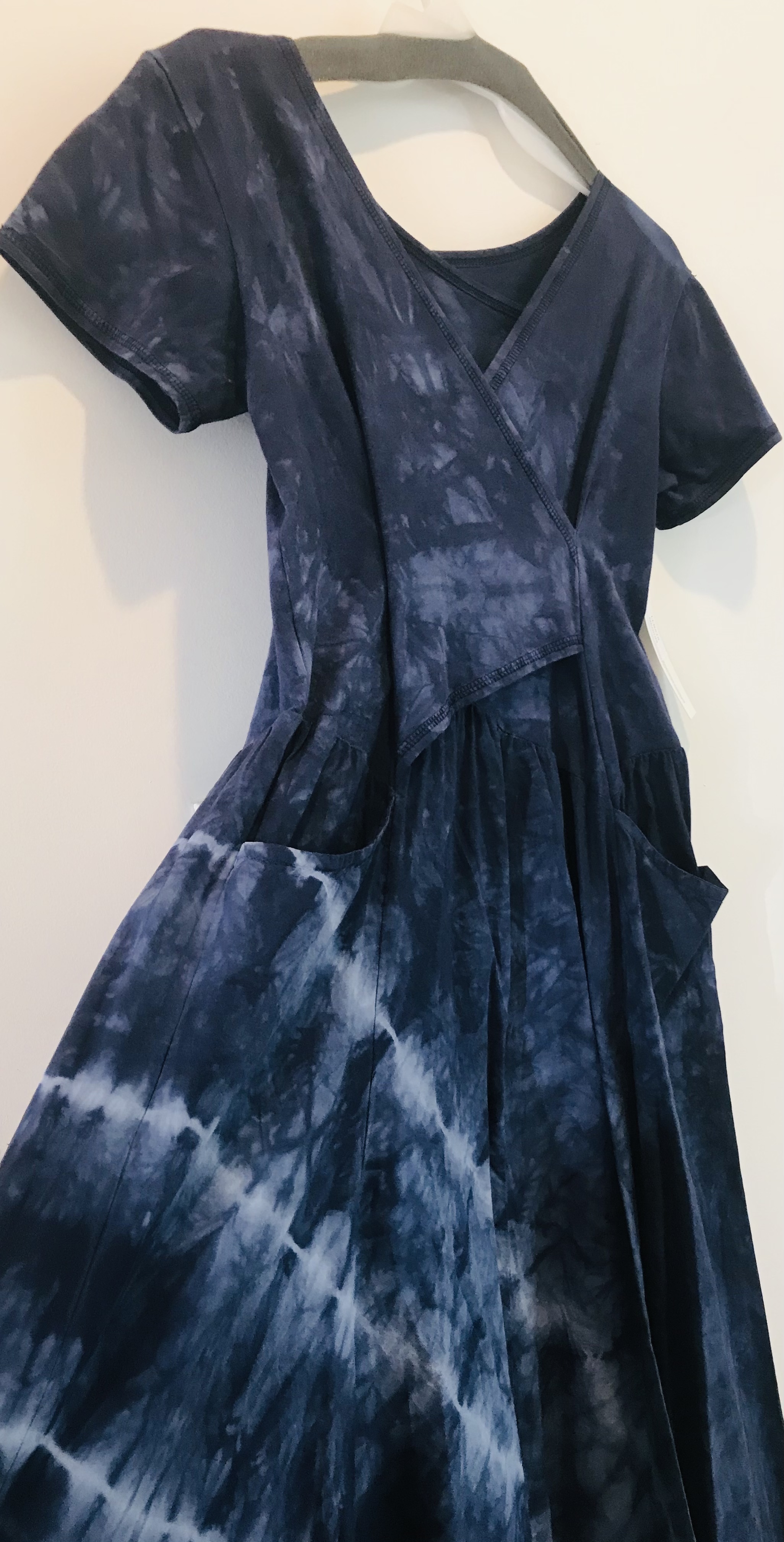 Luna Luz: Short Sleeve Cross Over Bodice Tie Dye Long Dress (Ships Immed: Navy Shoreline, 1 Left!) LL_518_NAVYSHORELINE_NEW1