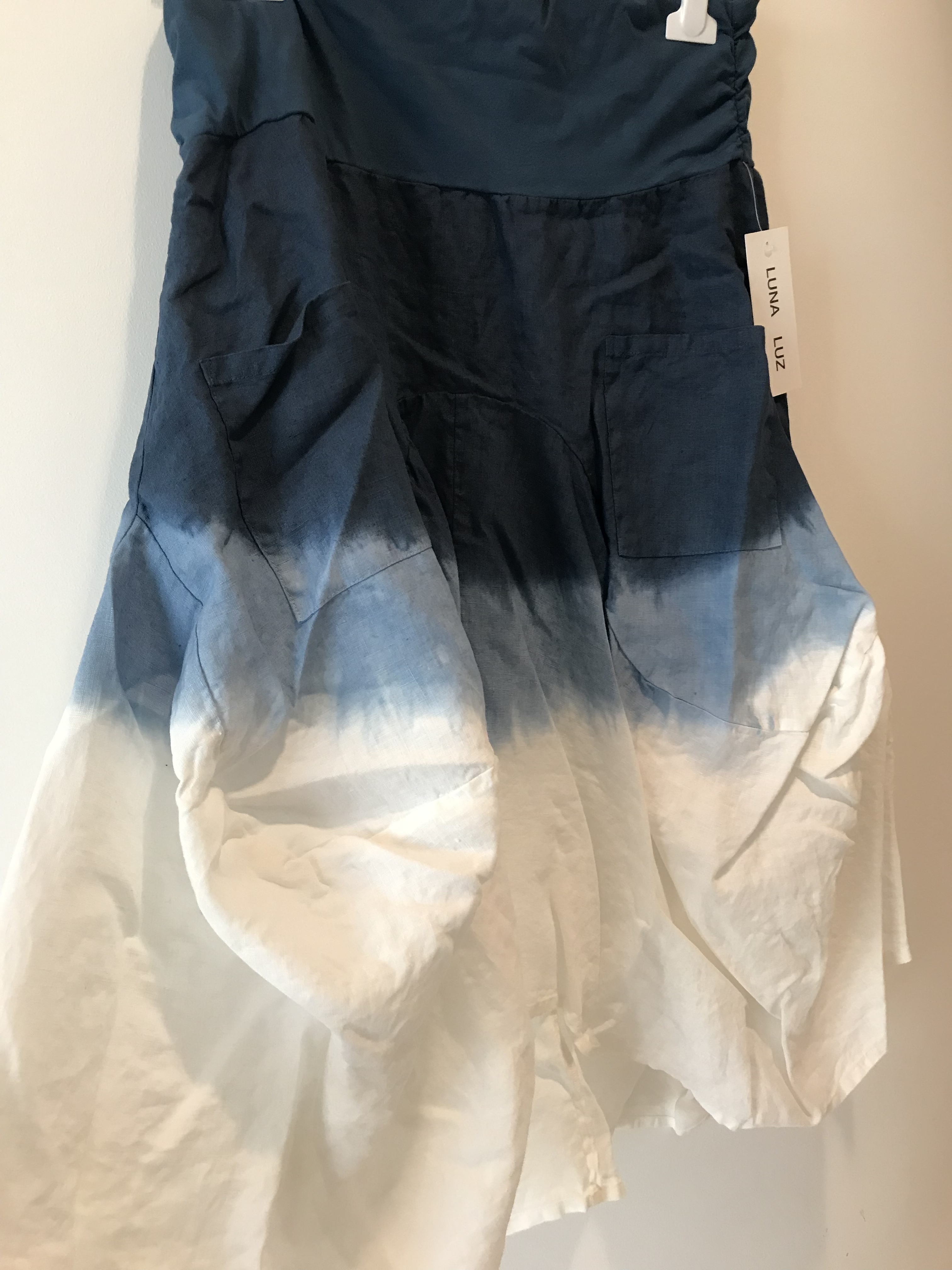 Luna Luz: Swivel Hemline Linen Midi Pocket Skirt With Ties (Ships Immed in Navy Ombre, 1 Left!) LL_734T_Navy_Ombre