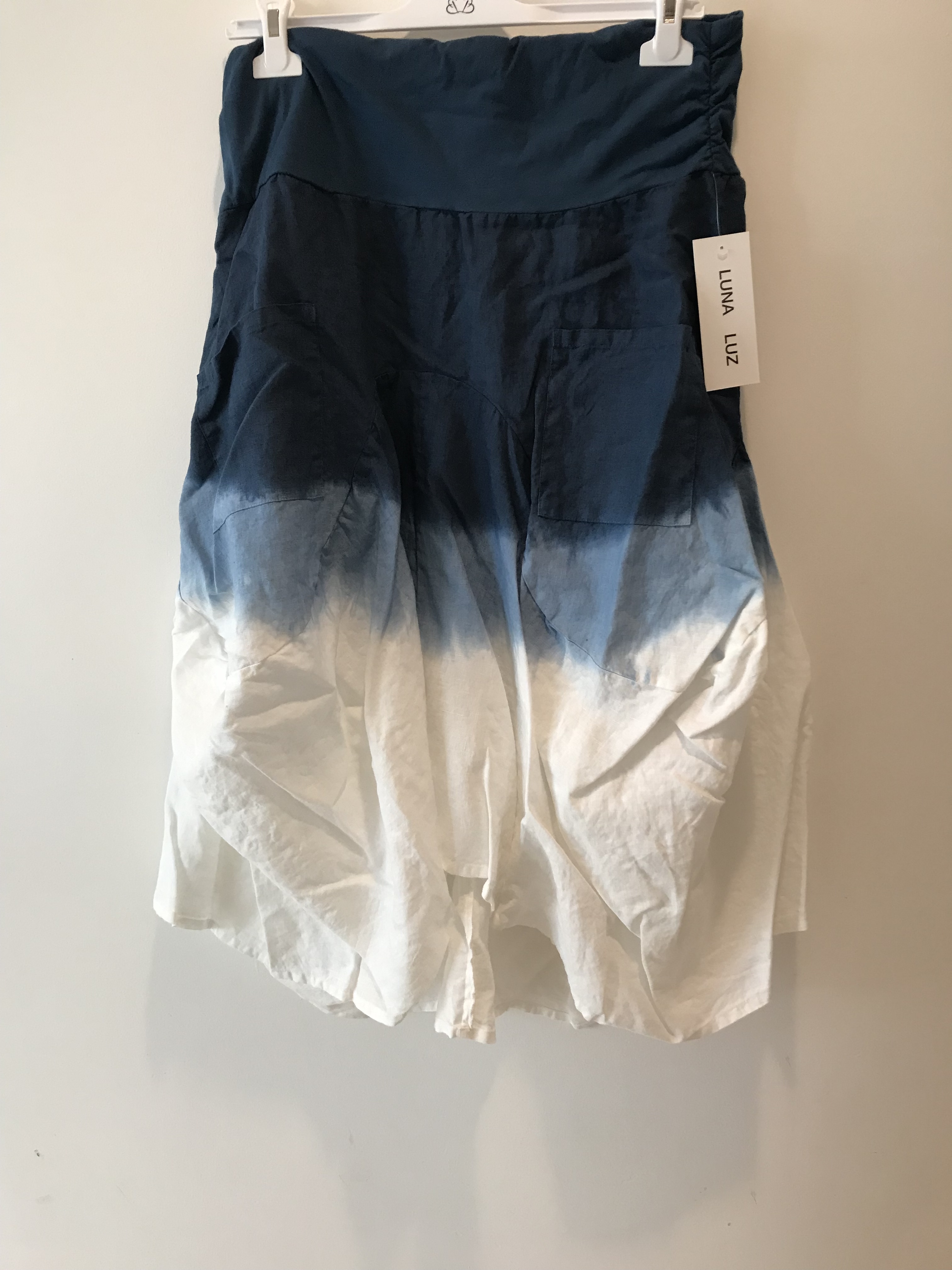 Luna Luz: Swivel Hemline Linen Midi Pocket Skirt With Ties (Ships Immed in Navy Ombre, 1 Left!)