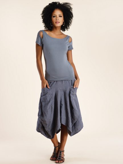 Luna Luz: Swivel Hemline Linen Midi Pocket Skirt With Ties (Ships Immed in Navy Ombre, 1 Left!)