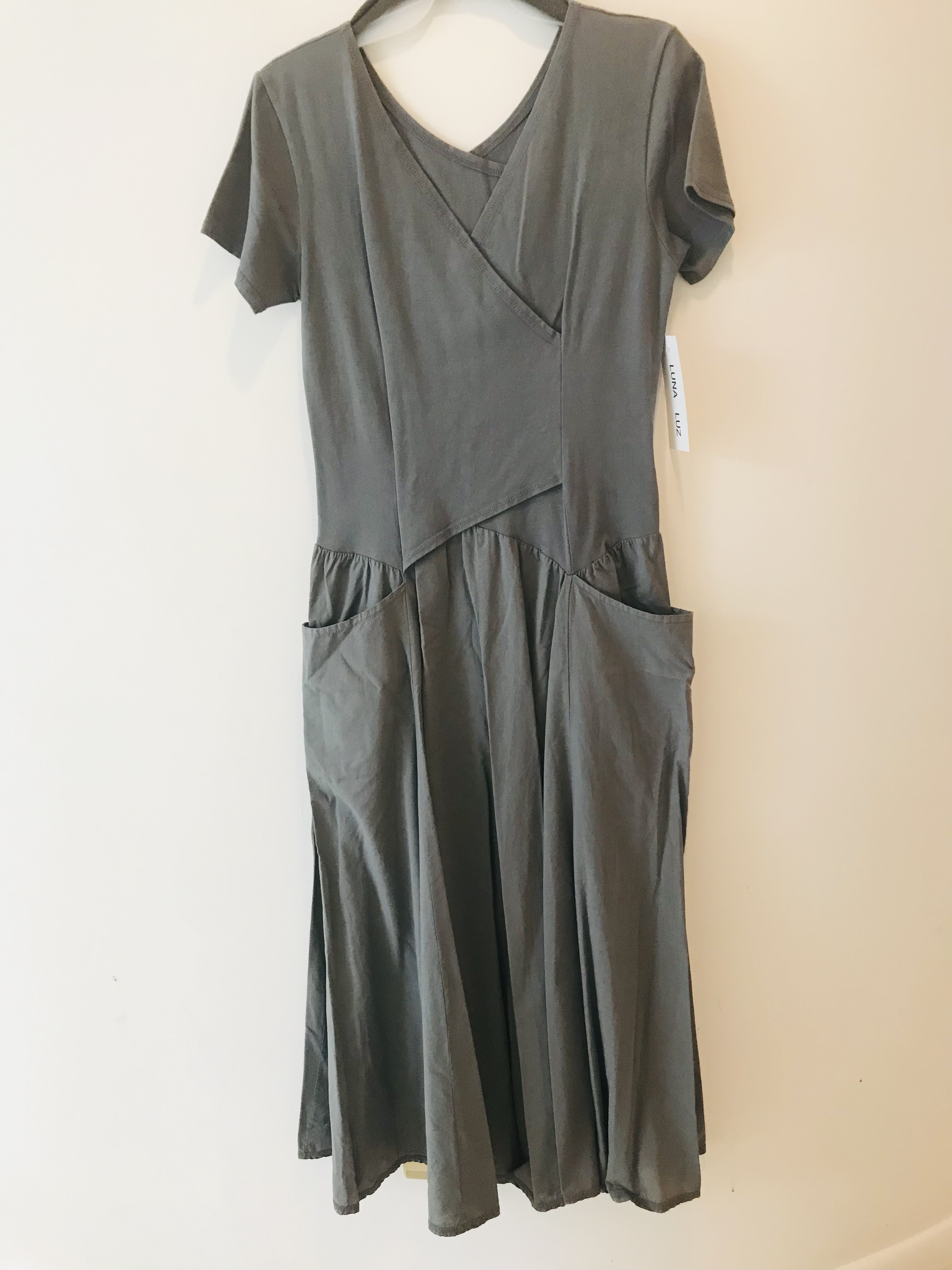 Luna Luz: Short Sleeve Cross Over Bodice Long Dress (Ships Immed in Slate!)