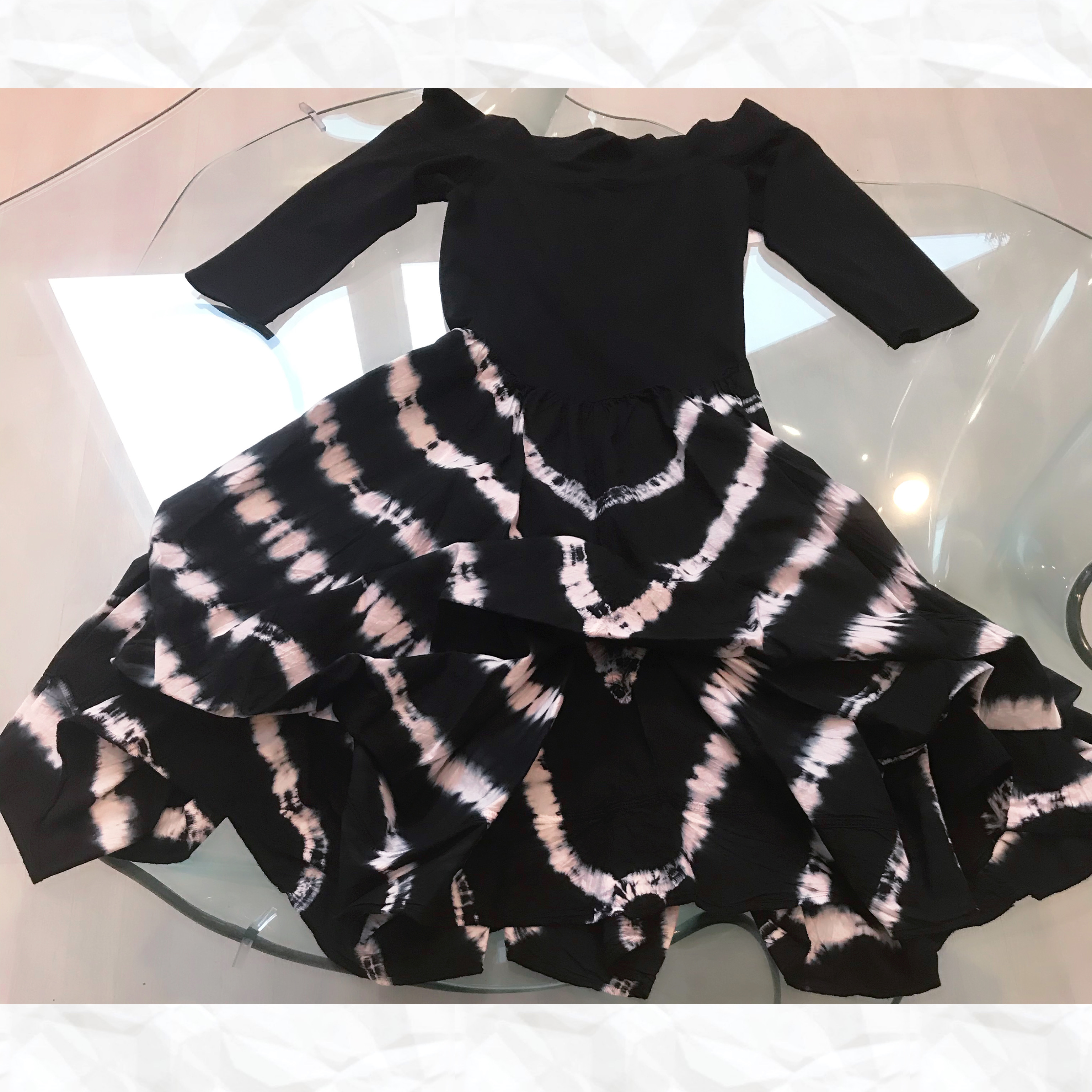 Luna Luz: Tied & Dyed Off Shoulder Diagonal Striped Hem Dress (Ships Immed, 2 Left!) LL_393T_BLACK_STRIPES