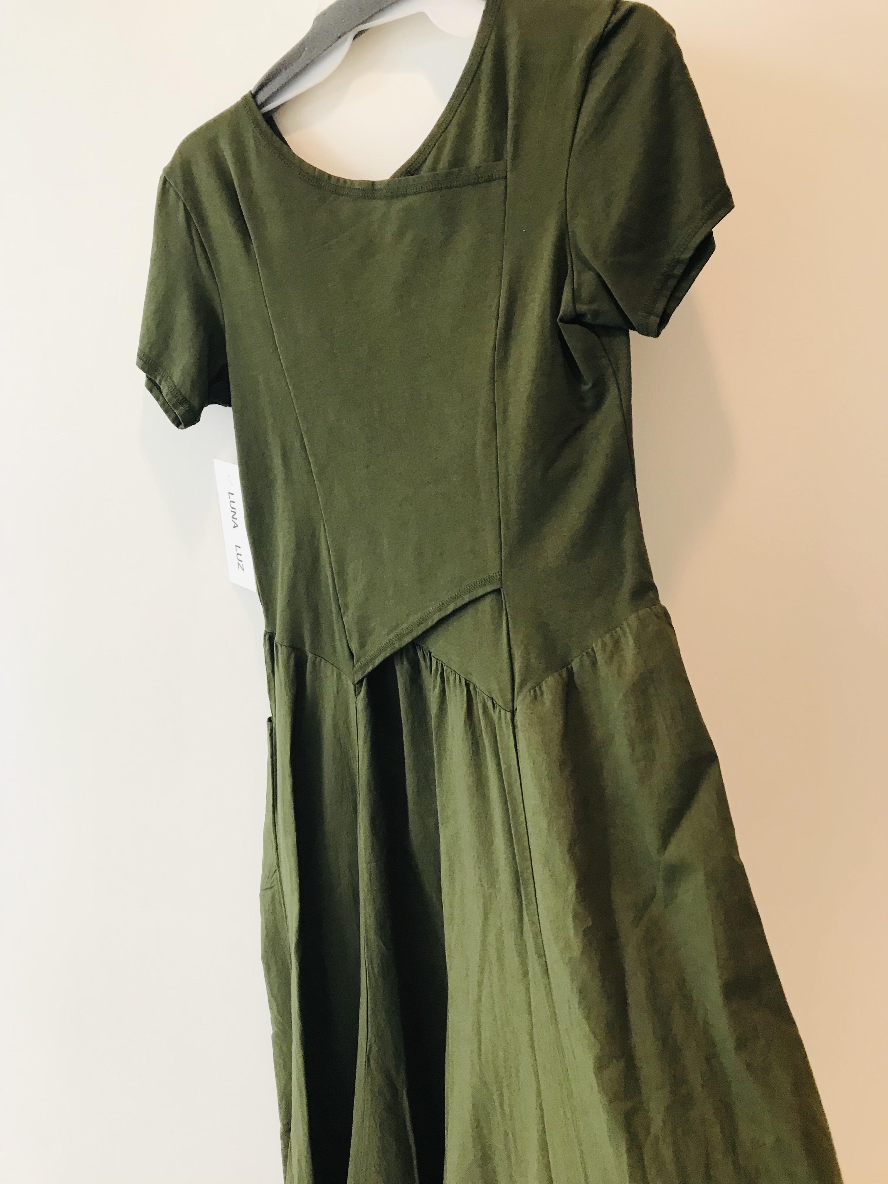 Luna Luz: Short Sleeve Cross Over Bodice Long Dress (More Arriving: NEW Fall Color - Olive!)