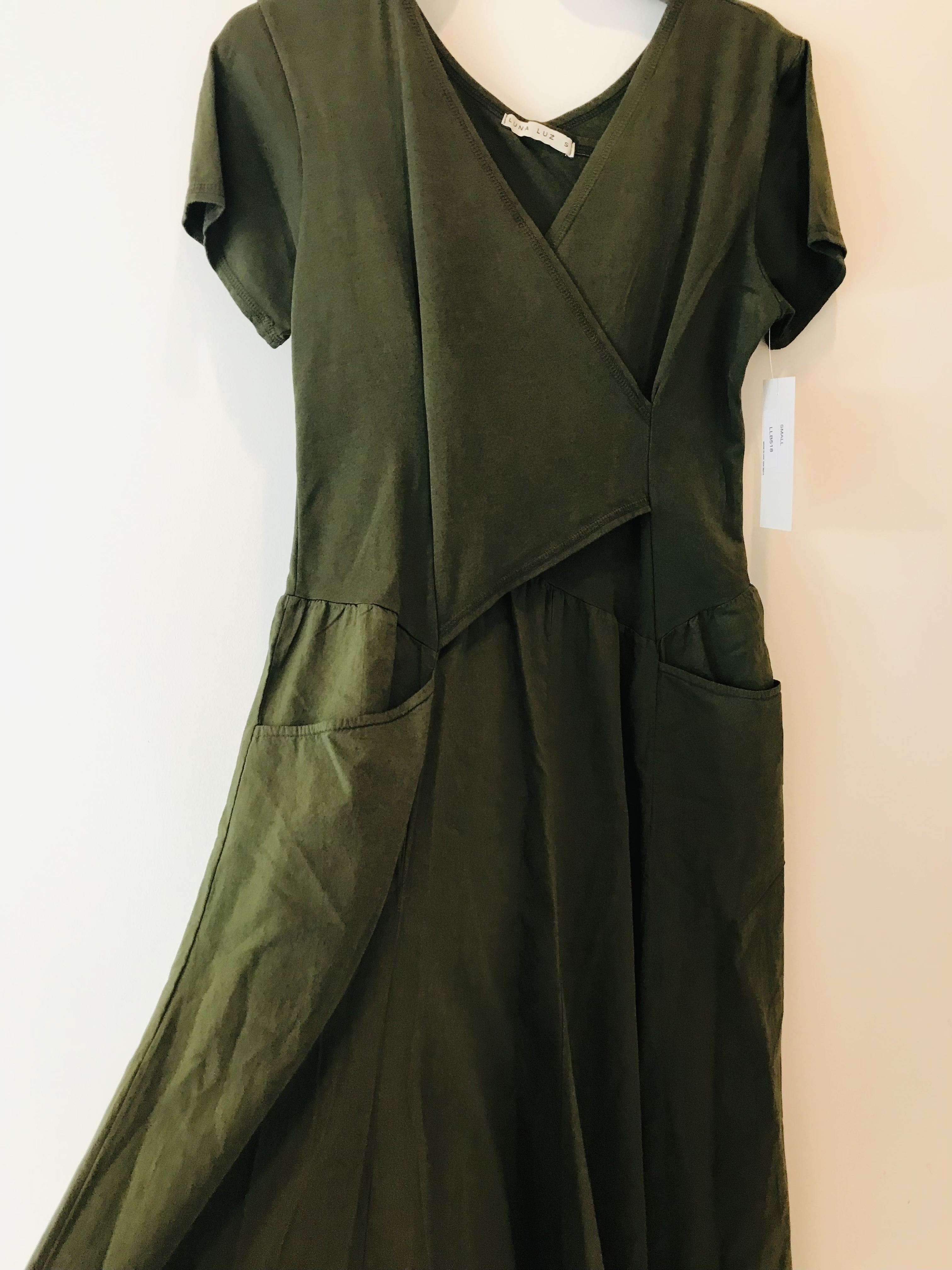 Luna Luz: Short Sleeve Cross Over Bodice Long Dress (More Arriving: NEW Fall Color - Olive!) LL_518_OLIVE