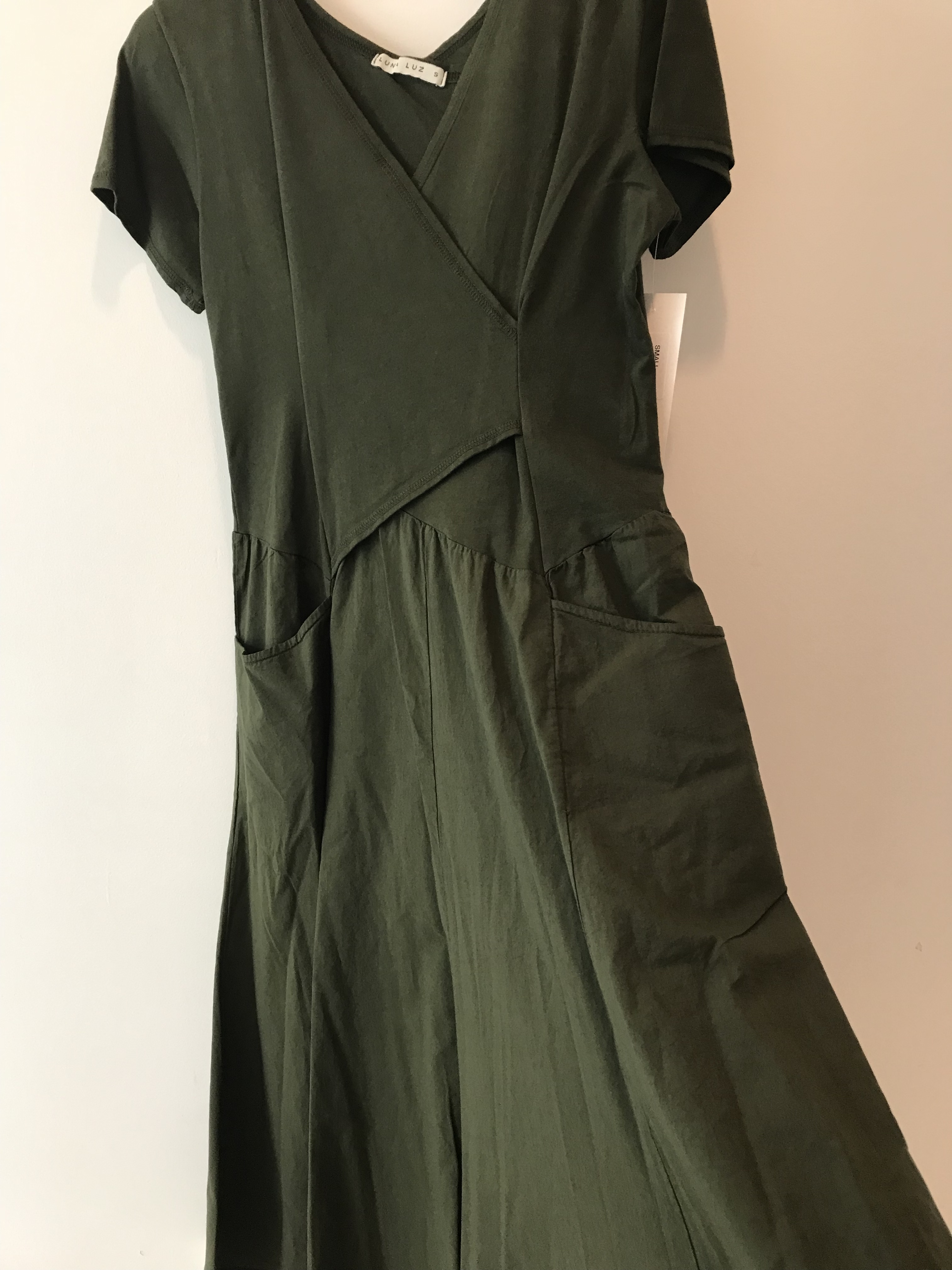 Luna Luz: Short Sleeve Cross Over Bodice Long Dress (More Arriving: NEW Fall Color - Olive!)