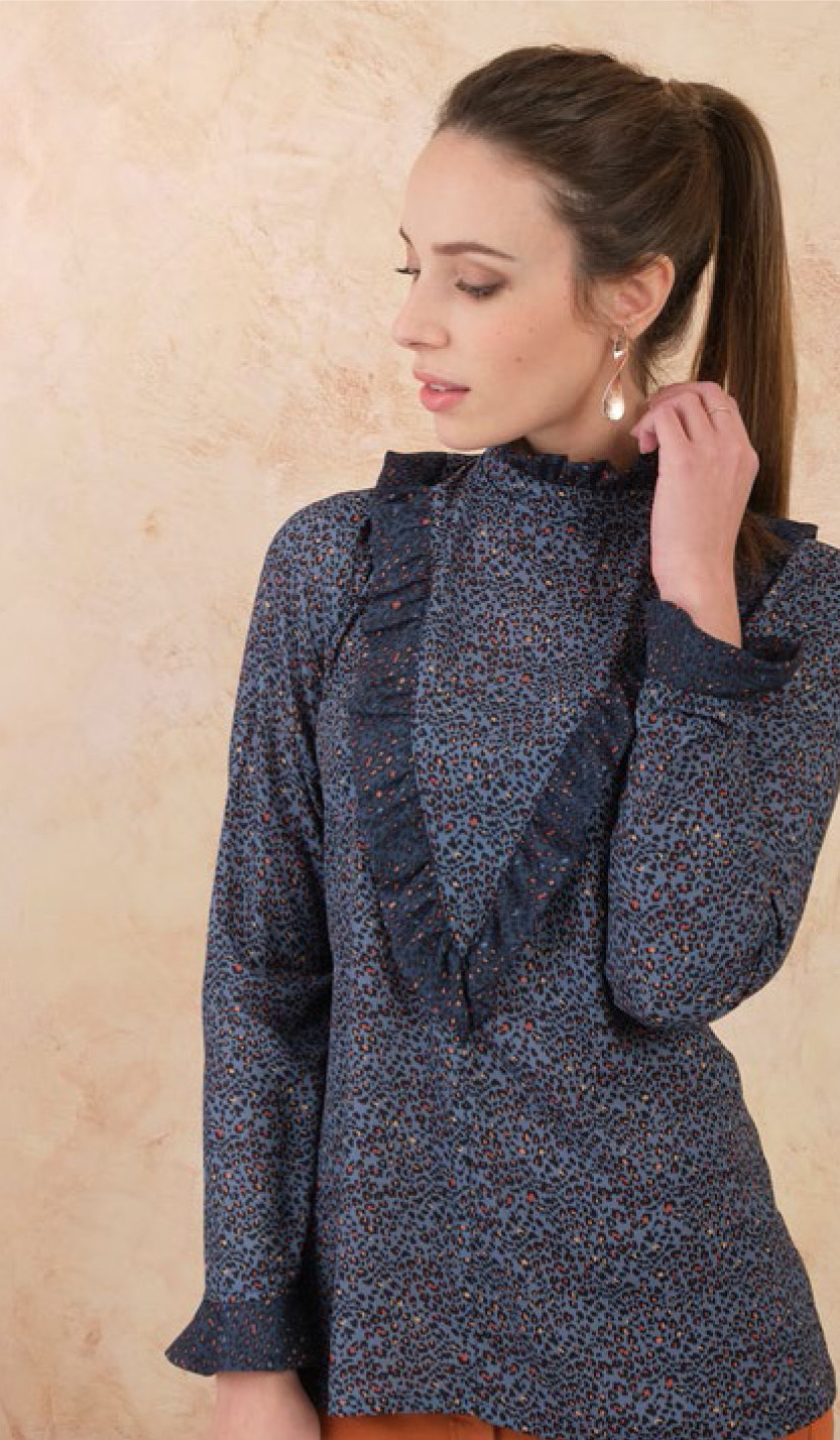 Paul Brial: Fancy Footprint Ruffled Blouse PB_NEROBI