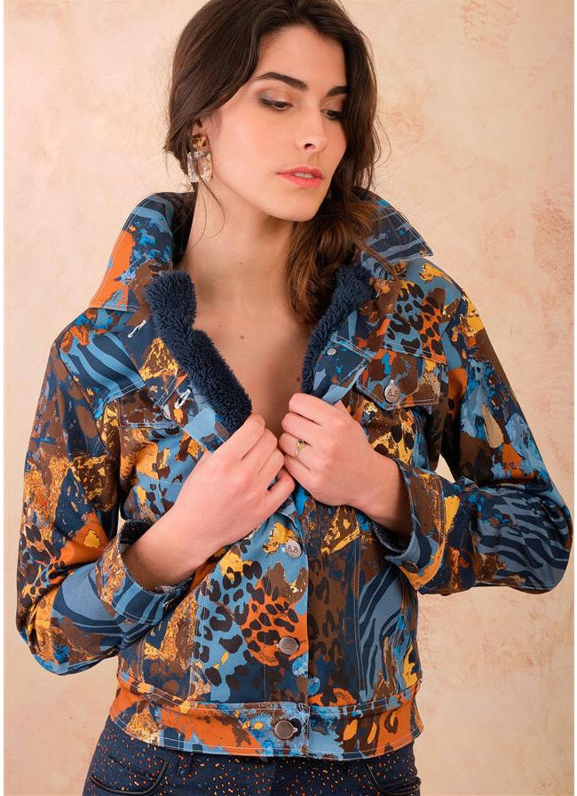 Paul Brial: Fancy Footprint Stretch Denim Twill Faux Fur Jacket PB_ETHNIC