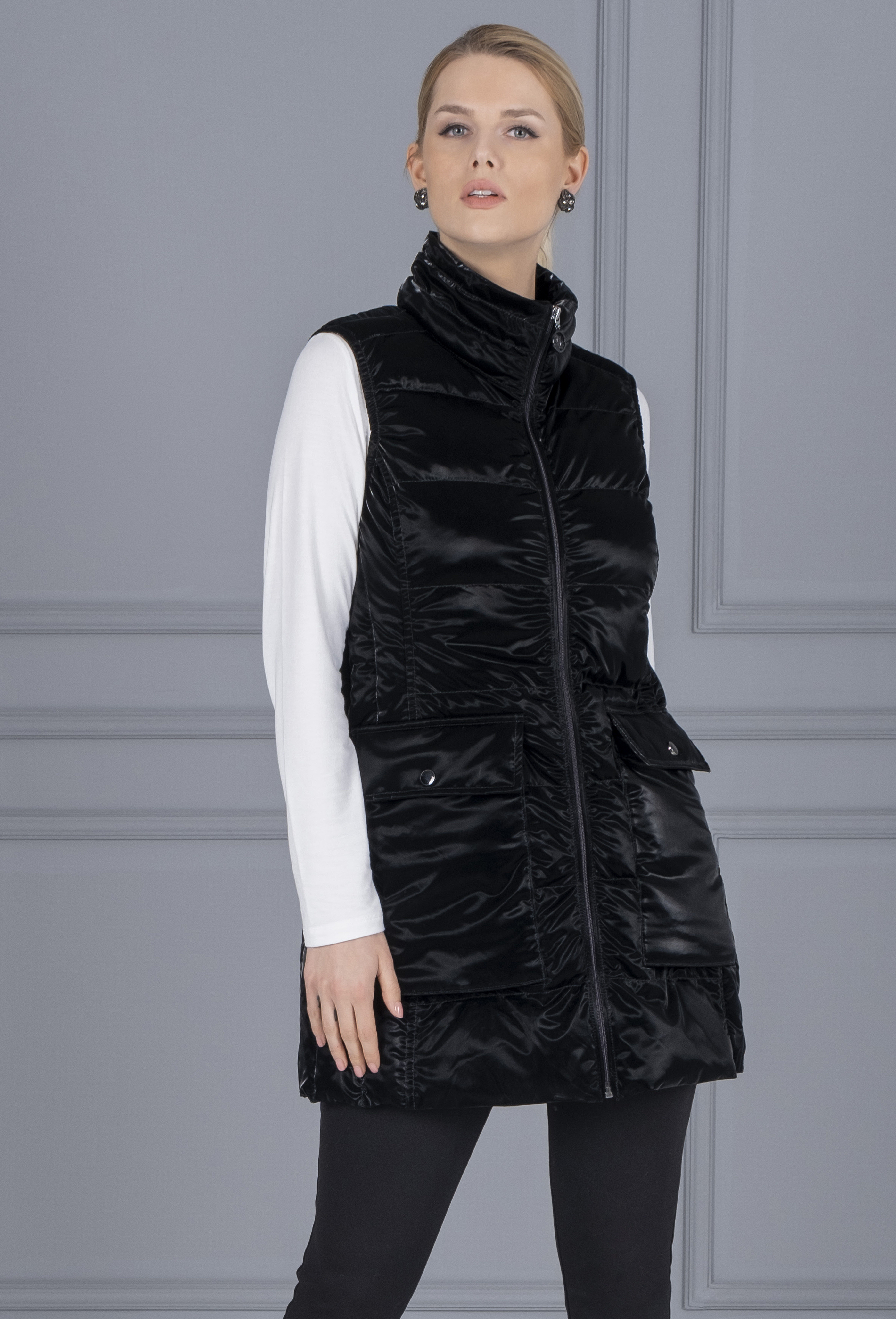 Dolcezza: Exquisite Black Shimmer Quilted Extra Long Pocket Vest (1 Left!) Dolcezza_71801
